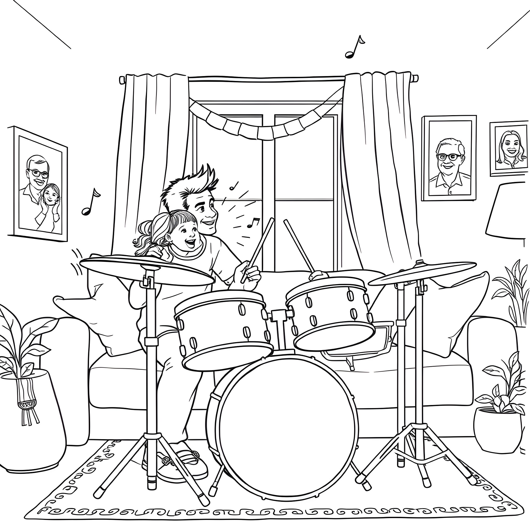 Drum performance in a colorful living room Coloring Page (free black-and-white line drawing printable PDF for all, from beginners to advanced learners, including children, teens, adults, and seniors)
