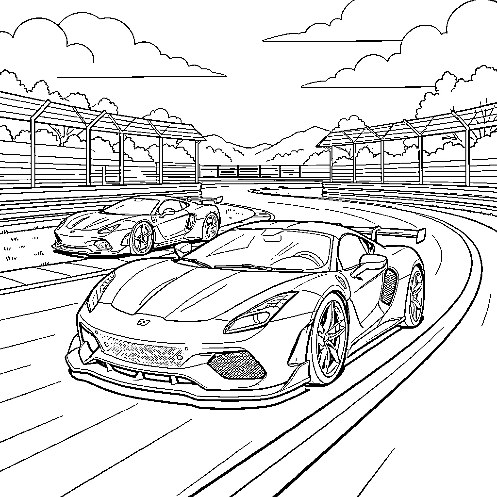Sports Car racing fast on a winding track Coloring Page (free black-and-white line drawing printable PDF for all, from beginners to advanced learners, including children, teens, adults, and seniors)
