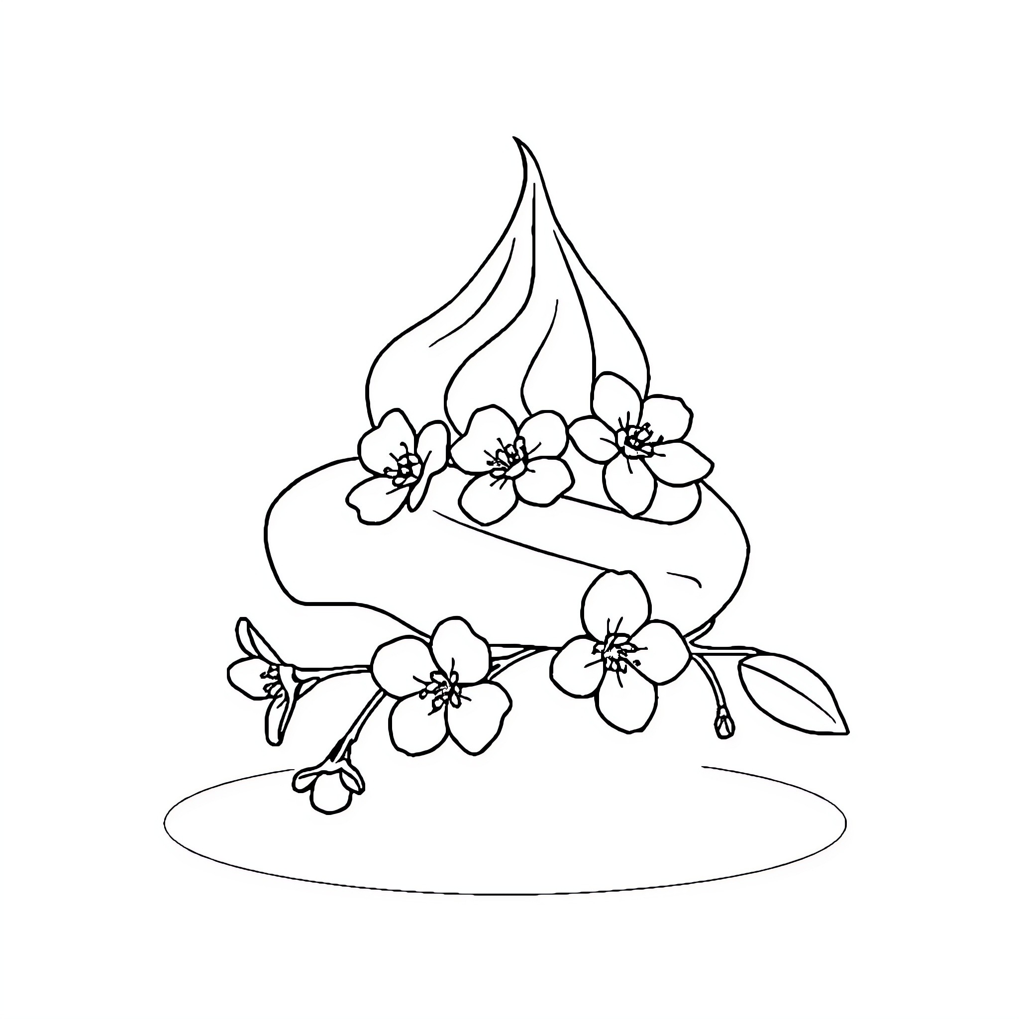 Cherry Blossom Dessert with Floral Decoration Coloring Page (free black-and-white line drawing printable PDF for all, from beginners to advanced learners, including children, teens, adults, and seniors)