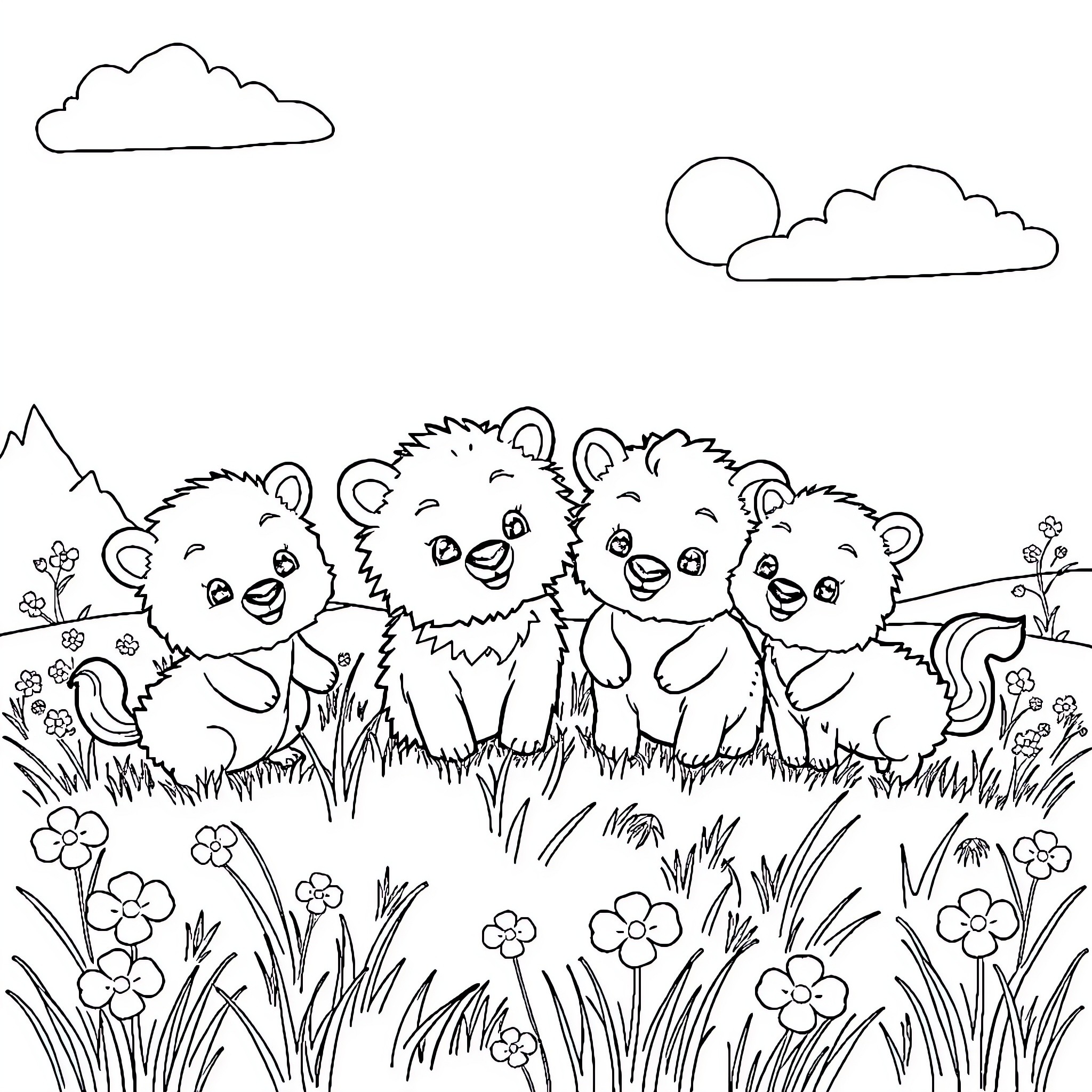 Animal Teddy Bears Playing in the Meadow Coloring Page (free black-and-white line drawing printable PDF for all, from beginners to advanced learners, including children, teens, adults, and seniors)