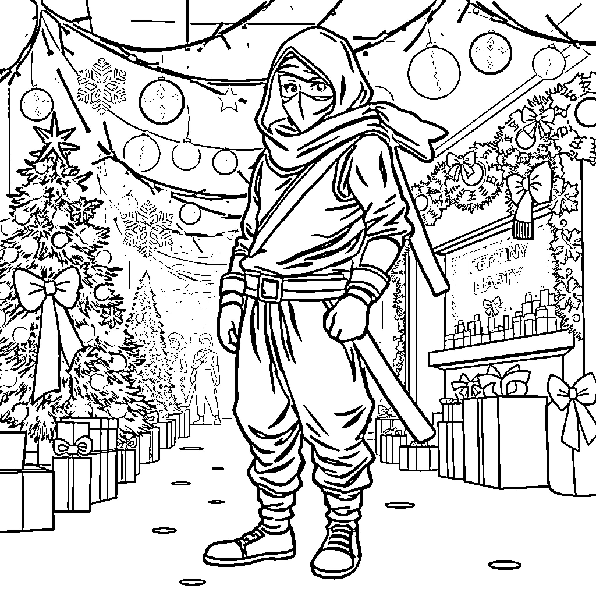 Ninja Warrior Celebrates Winter Festivities Coloring Page (free black-and-white line drawing printable PDF for all, from beginners to advanced learners, including children, teens, adults, and seniors)