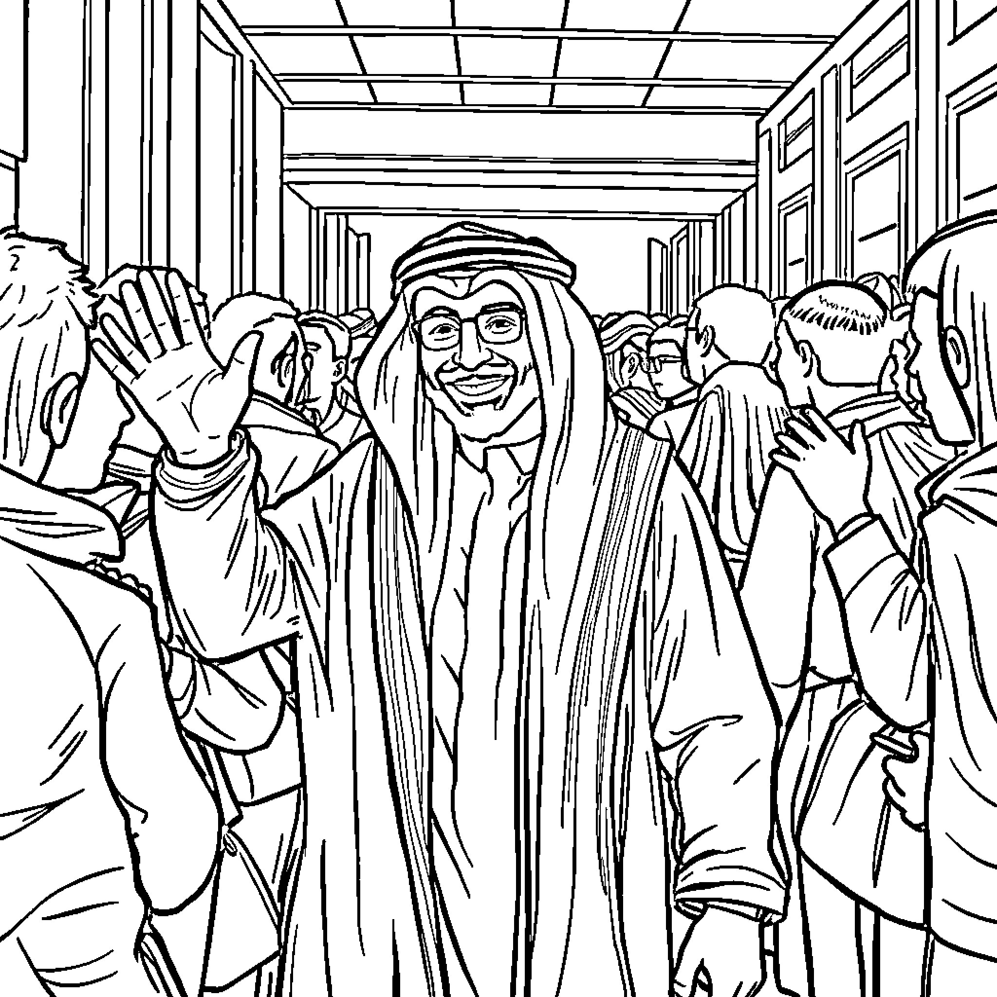 Sami Almosalam celebrating with a crowd Coloring Page (free black-and-white line drawing printable PDF for all, from beginners to advanced learners, including children, teens, adults, and seniors)