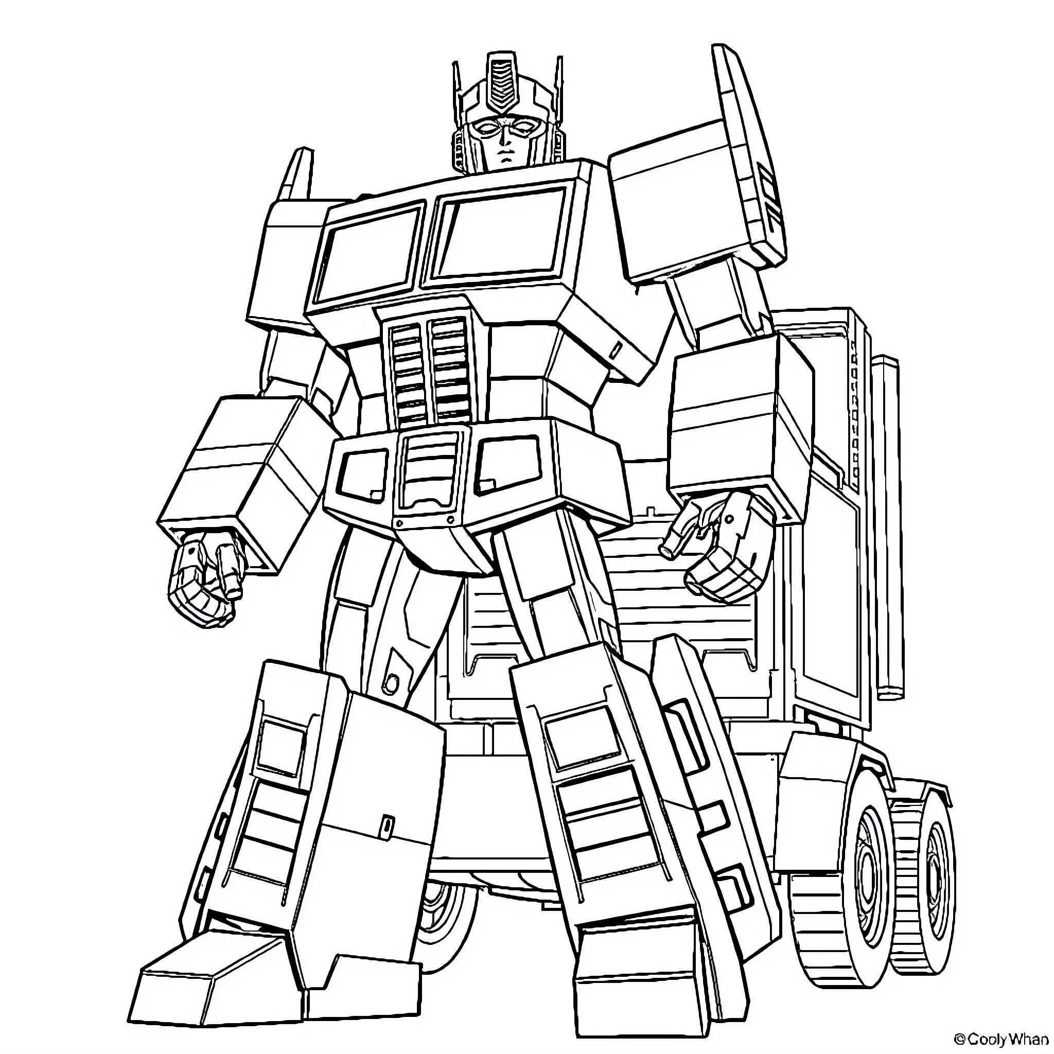Optimus Prime Transforming into Giant Robot Coloring Page (free black-and-white line drawing printable PDF for all, from beginners to advanced learners, including children, teens, adults, and seniors)