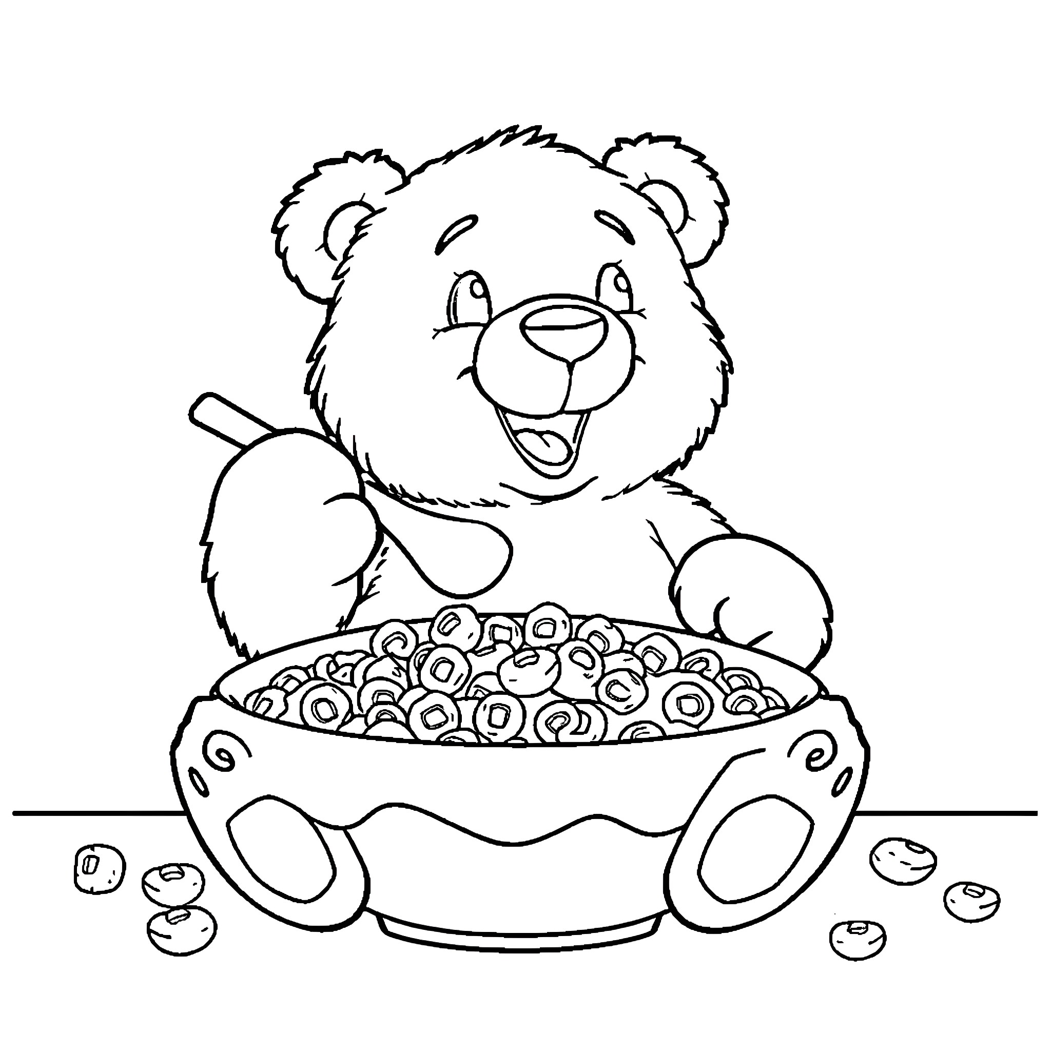 Bear enjoying a bowl of treats Coloring Page (free black-and-white line drawing printable PDF for all, from beginners to advanced learners, including children, teens, adults, and seniors)