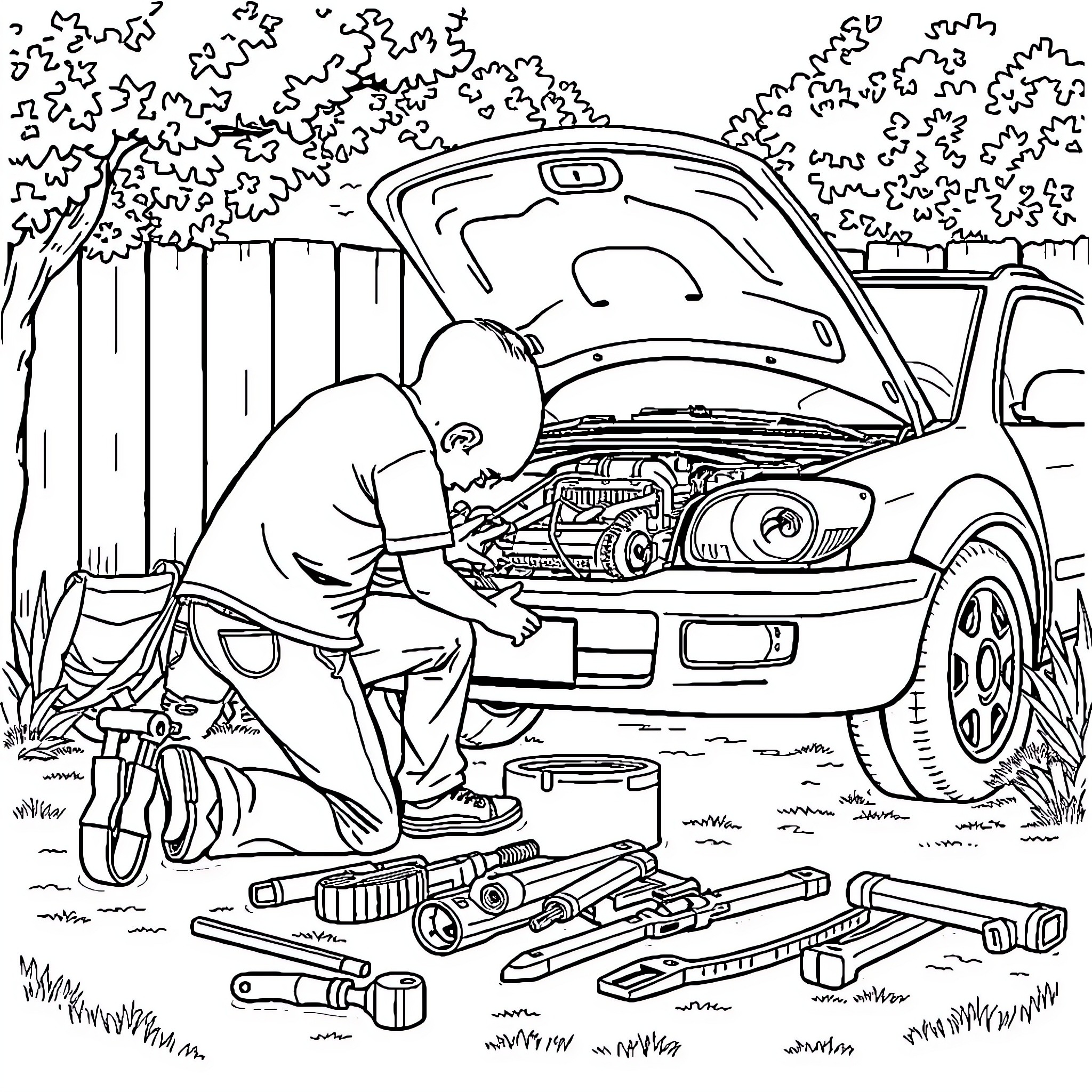 Car being repaired by mechanic in outdoor setting Coloring Page (free black-and-white line drawing printable PDF for all, from beginners to advanced learners, including children, teens, adults, and seniors)