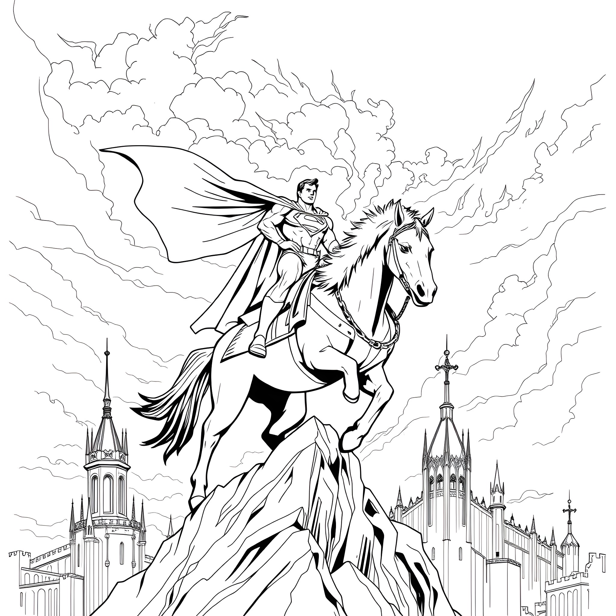 Superman riding a majestic horse against a dramatic sky Coloring Page (free black-and-white line drawing printable PDF for all, from beginners to advanced learners, including children, teens, adults, and seniors)