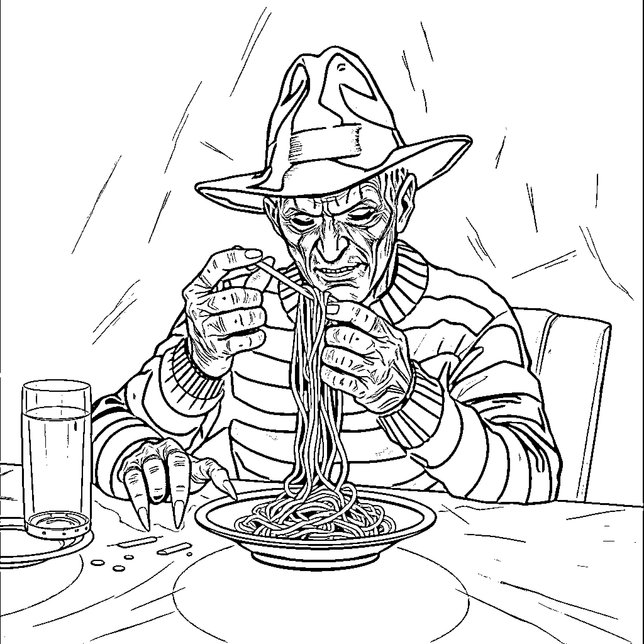 Freddy Kruger enjoying a bowl of spaghetti Coloring Page (free black-and-white line drawing printable PDF for all, from beginners to advanced learners, including children, teens, adults, and seniors)