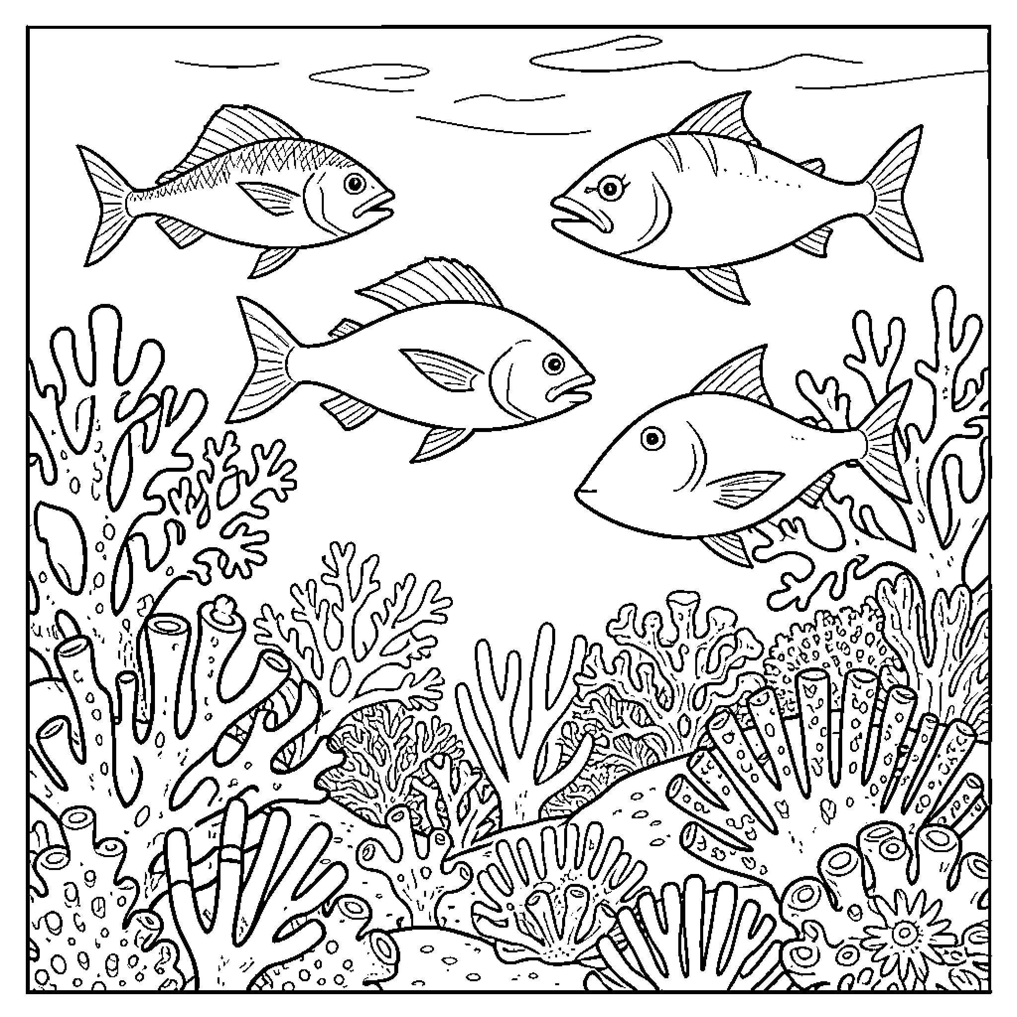 Fish swimming amongst coral reef and sea life Coloring Page (free black-and-white line drawing printable PDF for all, from beginners to advanced learners, including children, teens, adults, and seniors)