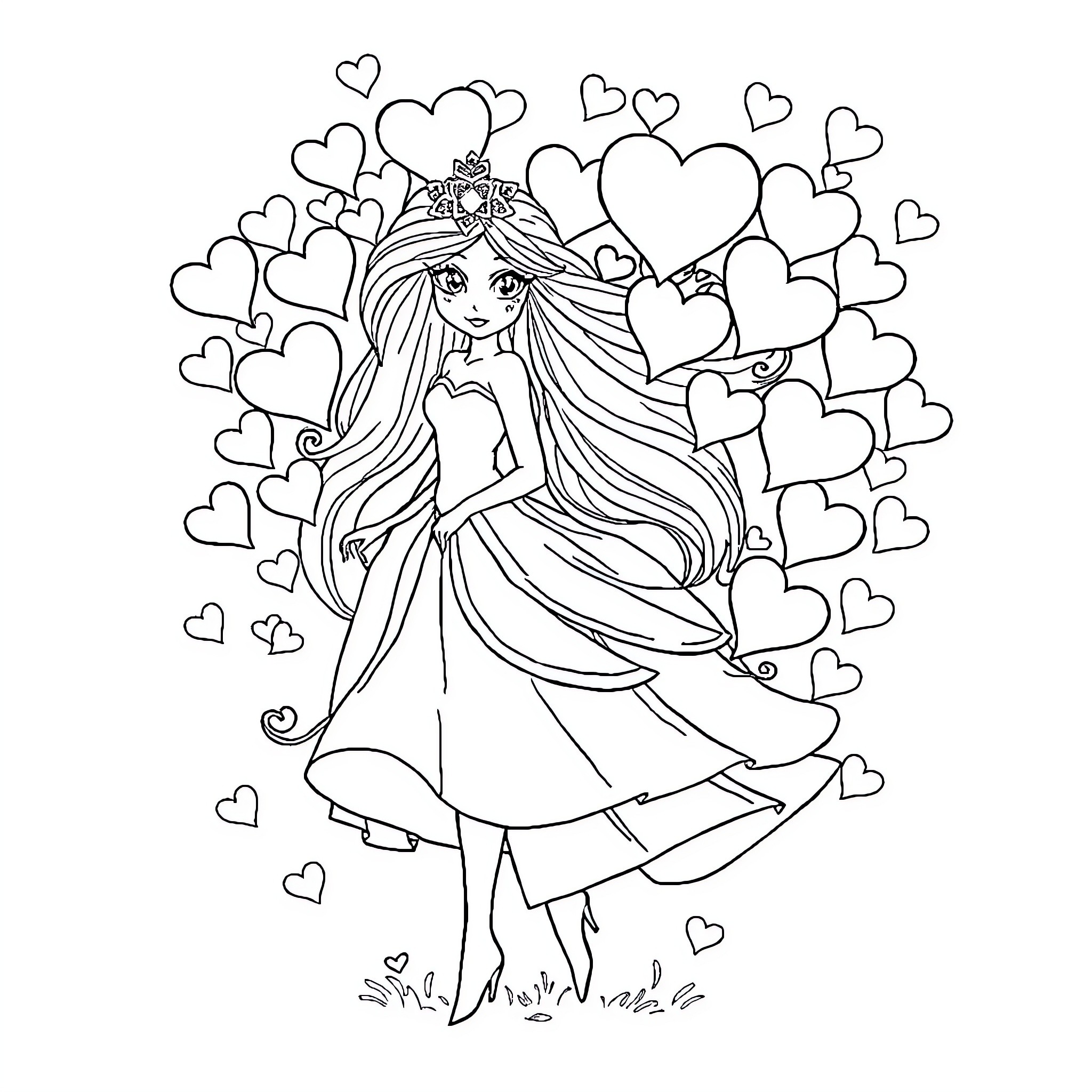 Princess surrounded by hearts and flowers Coloring Page (free black-and-white line drawing printable PDF for all, from beginners to advanced learners, including children, teens, adults, and seniors)