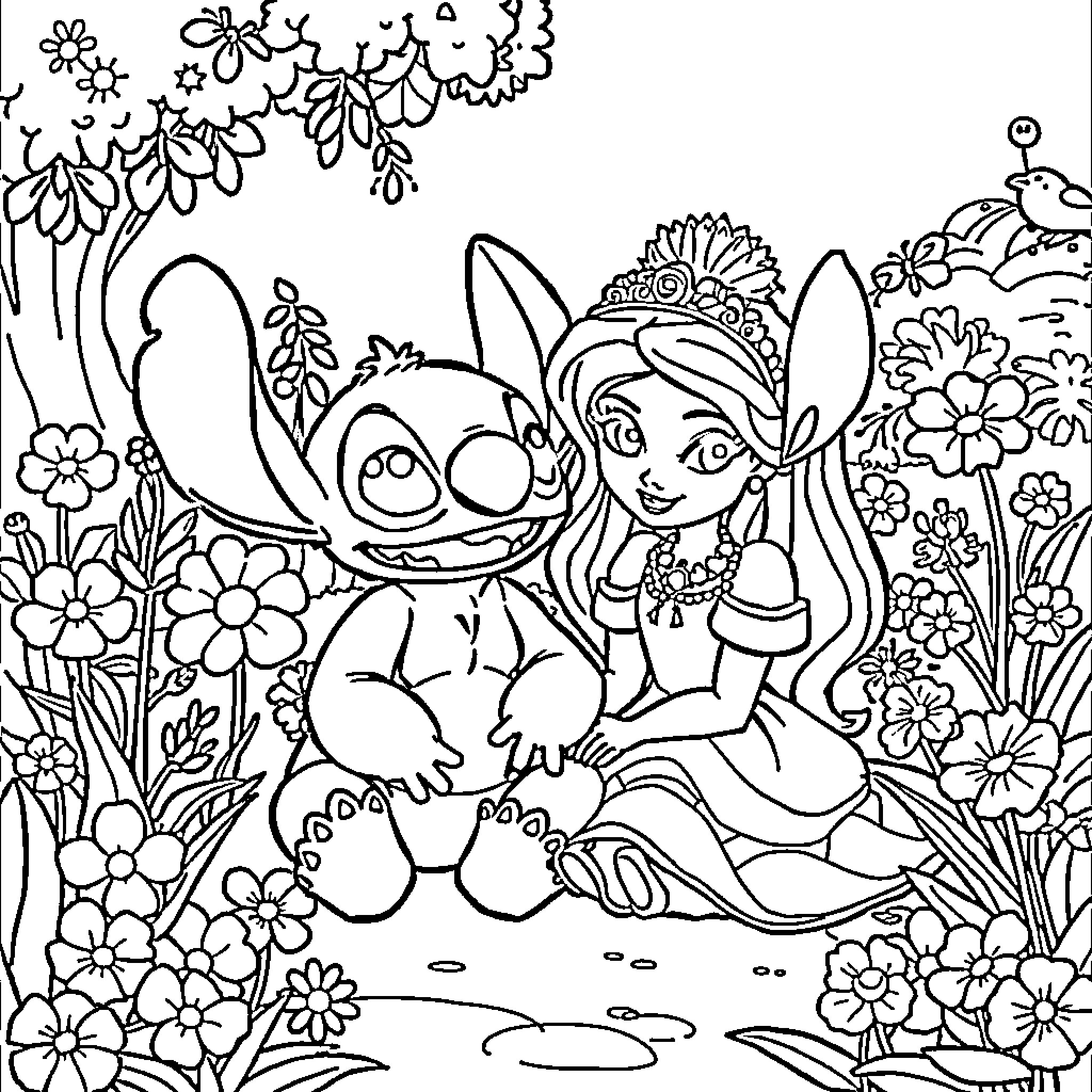 Stitch and Princess Interacting in a Floral Garden Coloring Page (free black-and-white line drawing printable PDF for all, from beginners to advanced learners, including children, teens, adults, and seniors)