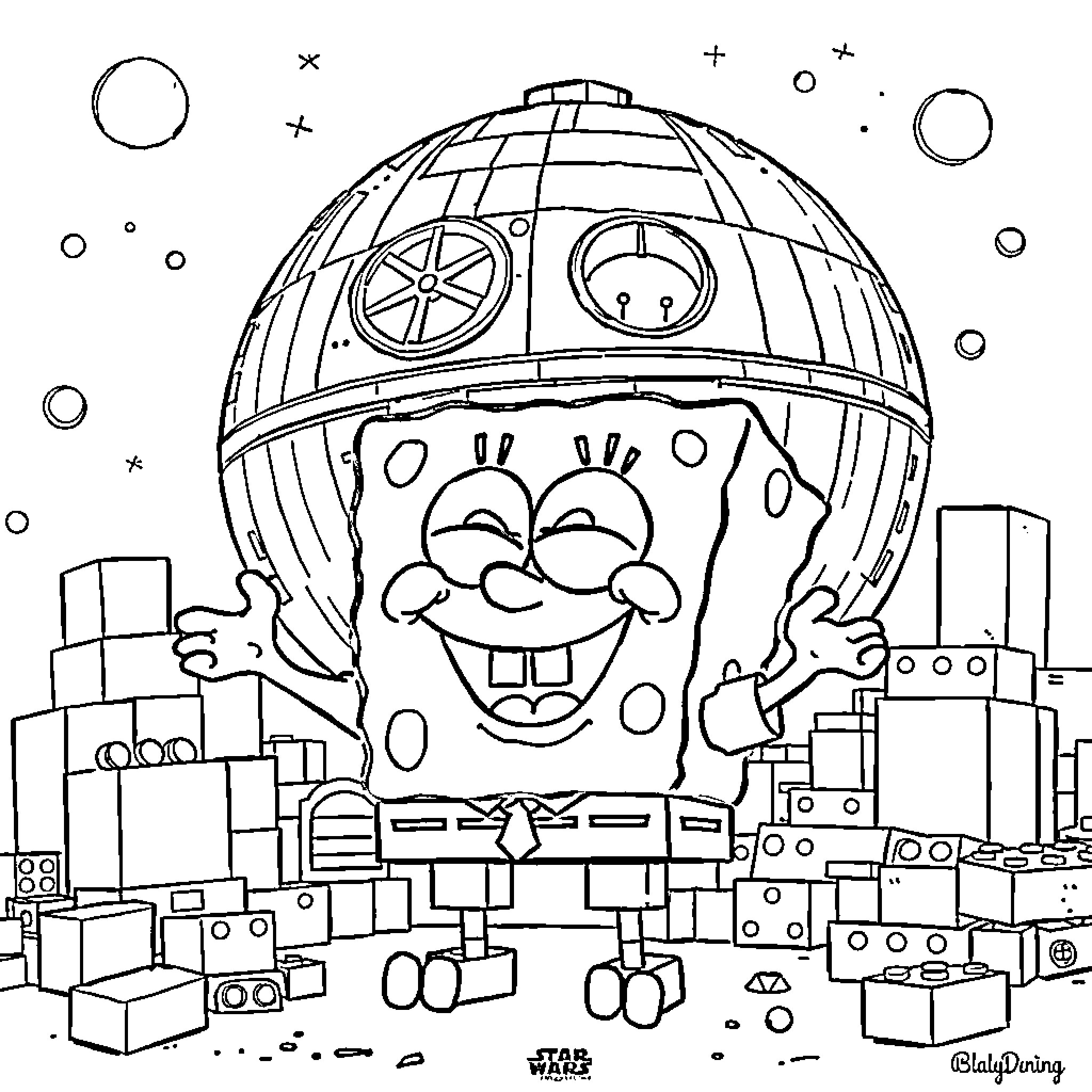 Spongebob enjoying his space adventure Coloring Page (free black-and-white line drawing printable PDF for all, from beginners to advanced learners, including children, teens, adults, and seniors)