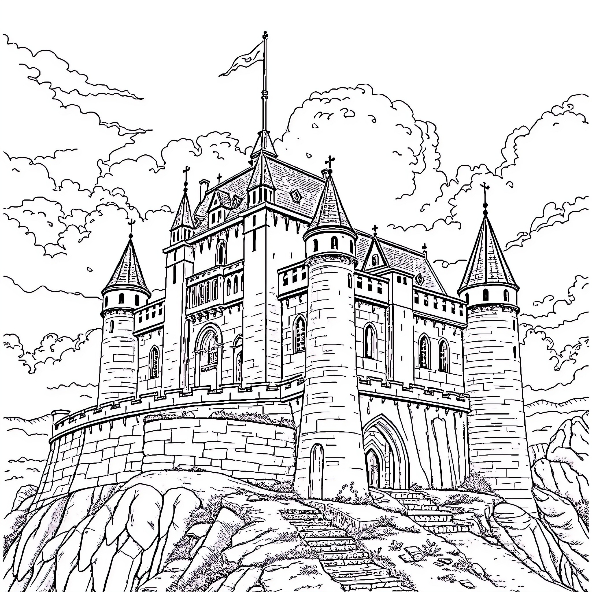 Wandering Castle on Rugged Cliffs Coloring Page (free black-and-white line drawing printable PDF for all, from beginners to advanced learners, including children, teens, adults, and seniors)