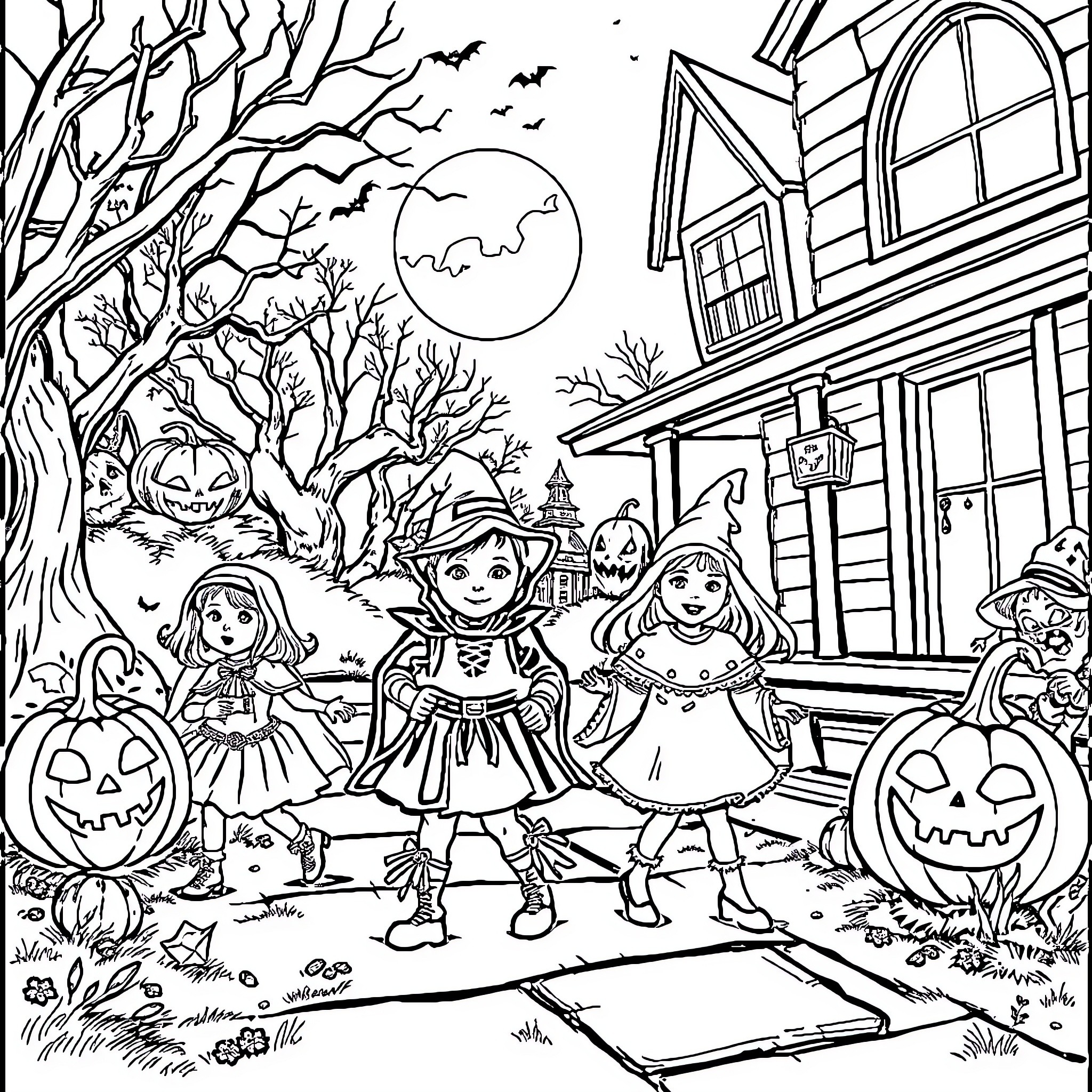 Halloween trick-or-treating in a spooky neighborhood Coloring Page (free black-and-white line drawing printable PDF for all, from beginners to advanced learners, including children, teens, adults, and seniors)