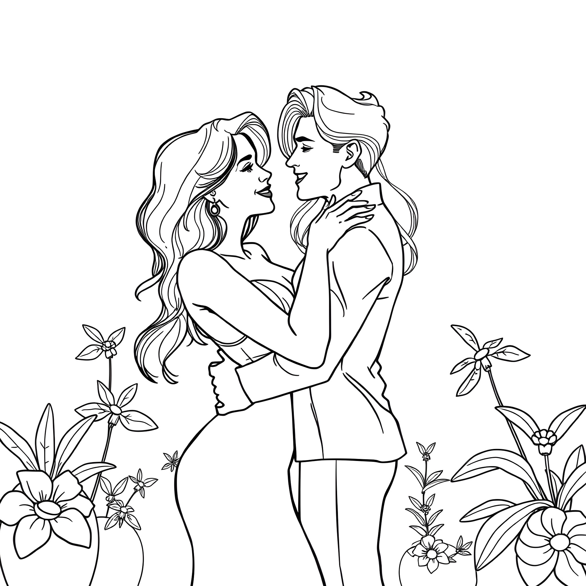 Woman in romantic embrace with partner in floral setting Coloring Page (free black-and-white line drawing printable PDF for all, from beginners to advanced learners, including children, teens, adults, and seniors)