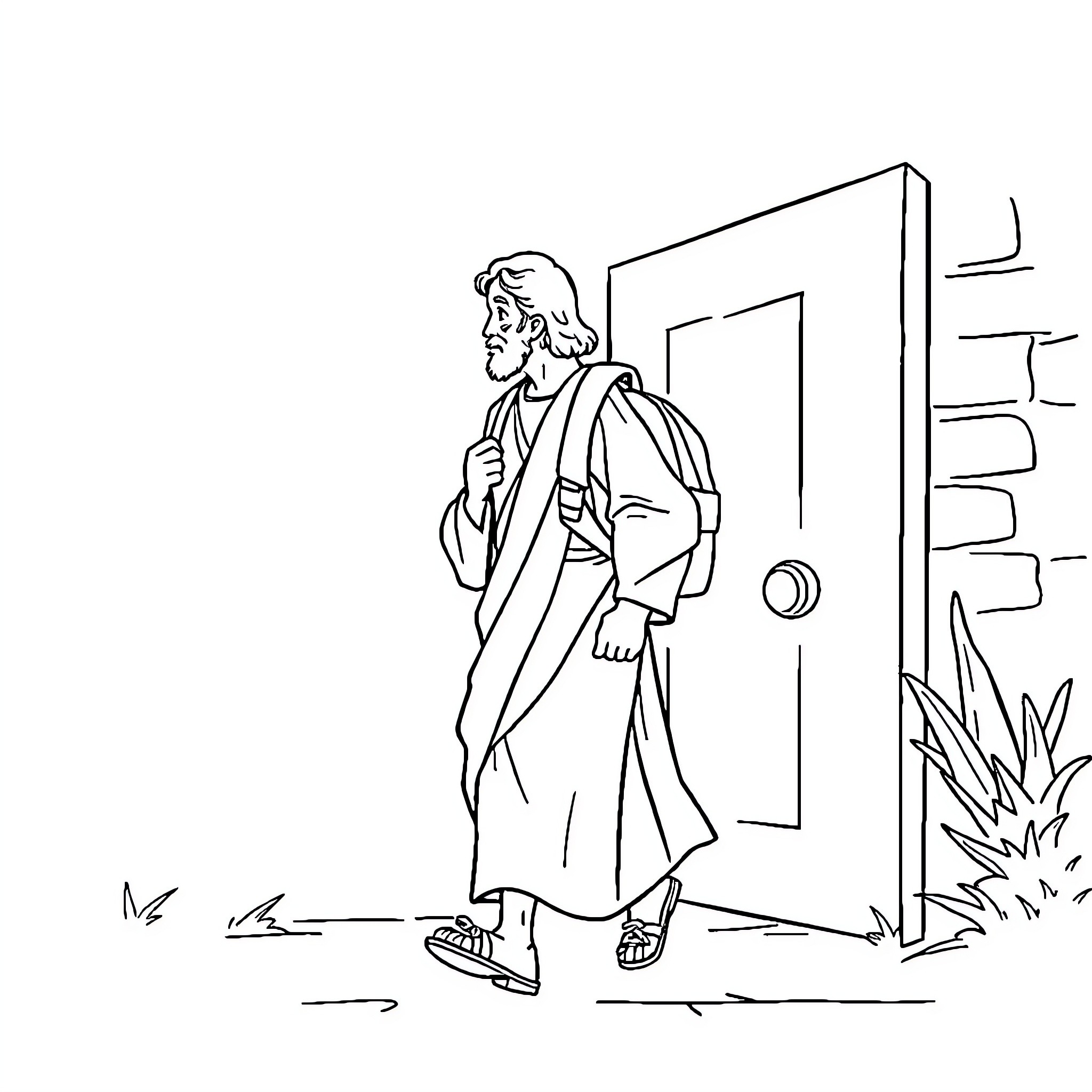 Jesus knocking at the door Coloring Page (free black-and-white line drawing printable PDF for all, from beginners to advanced learners, including children, teens, adults, and seniors)