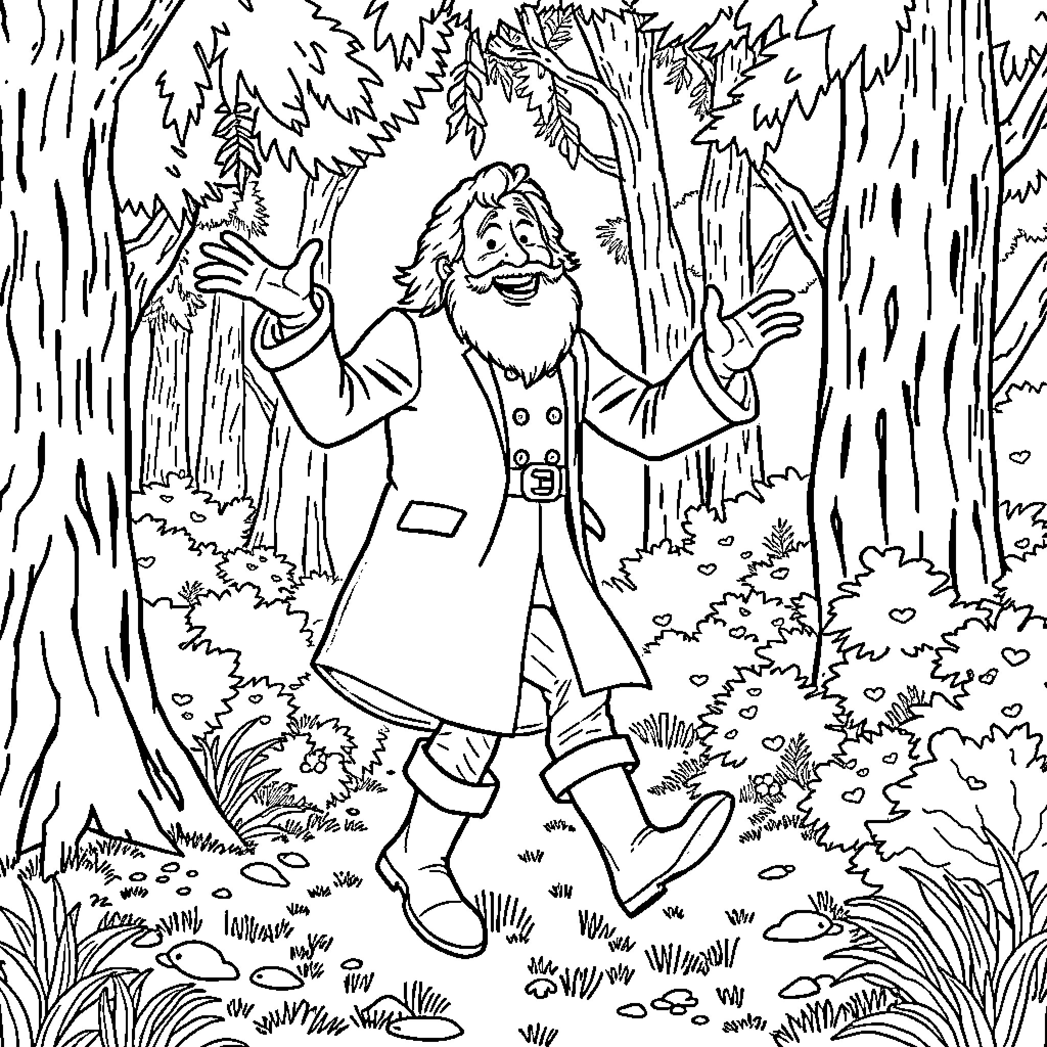 Tom Bombadil dancing joyfully in the enchanted forest Coloring Page (free black-and-white line drawing printable PDF for all, from beginners to advanced learners, including children, teens, adults, and seniors)