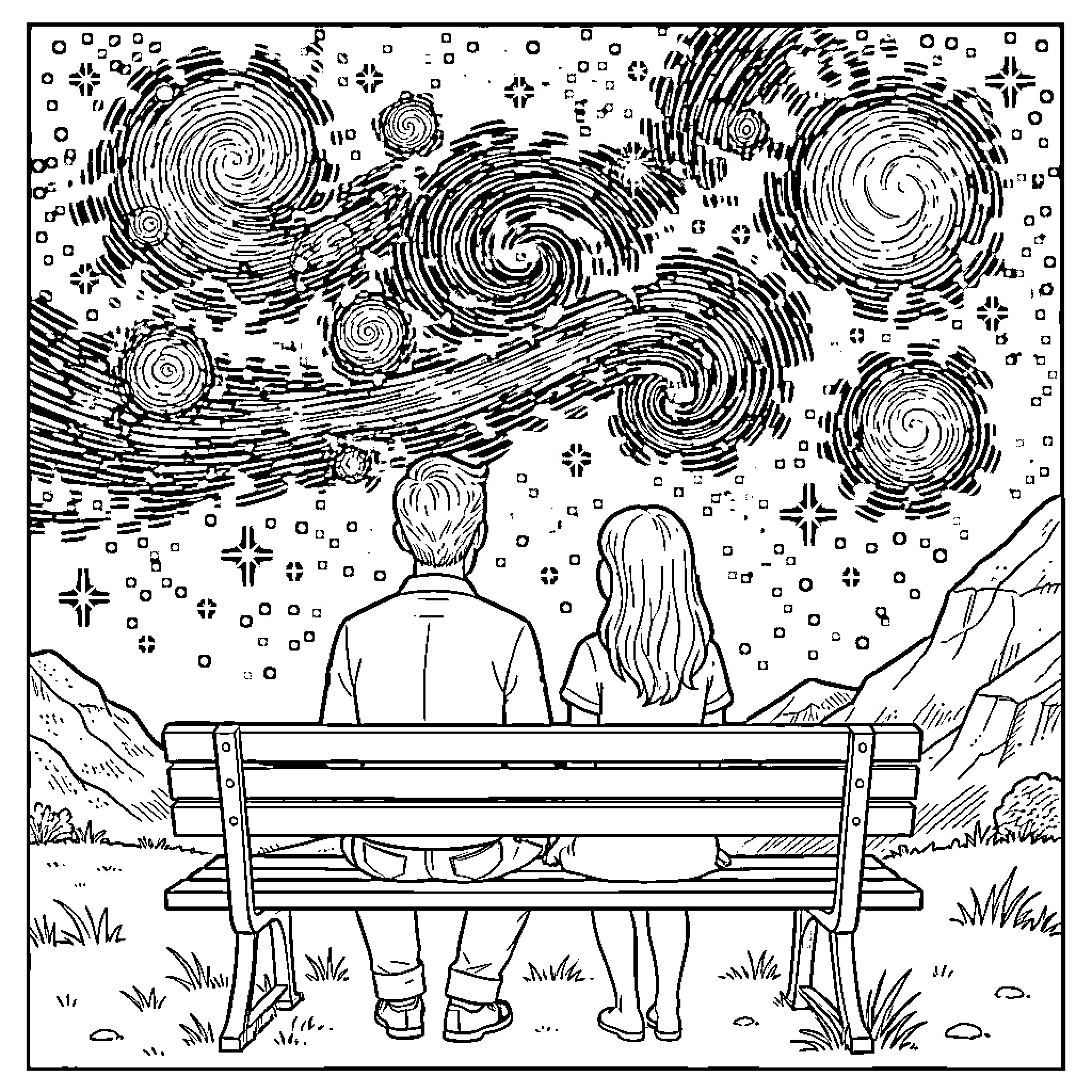 Man and Woman Watching Swirling Clouds in the Night Sky Coloring Page (free black-and-white line drawing printable PDF for all, from beginners to advanced learners, including children, teens, adults, and seniors)