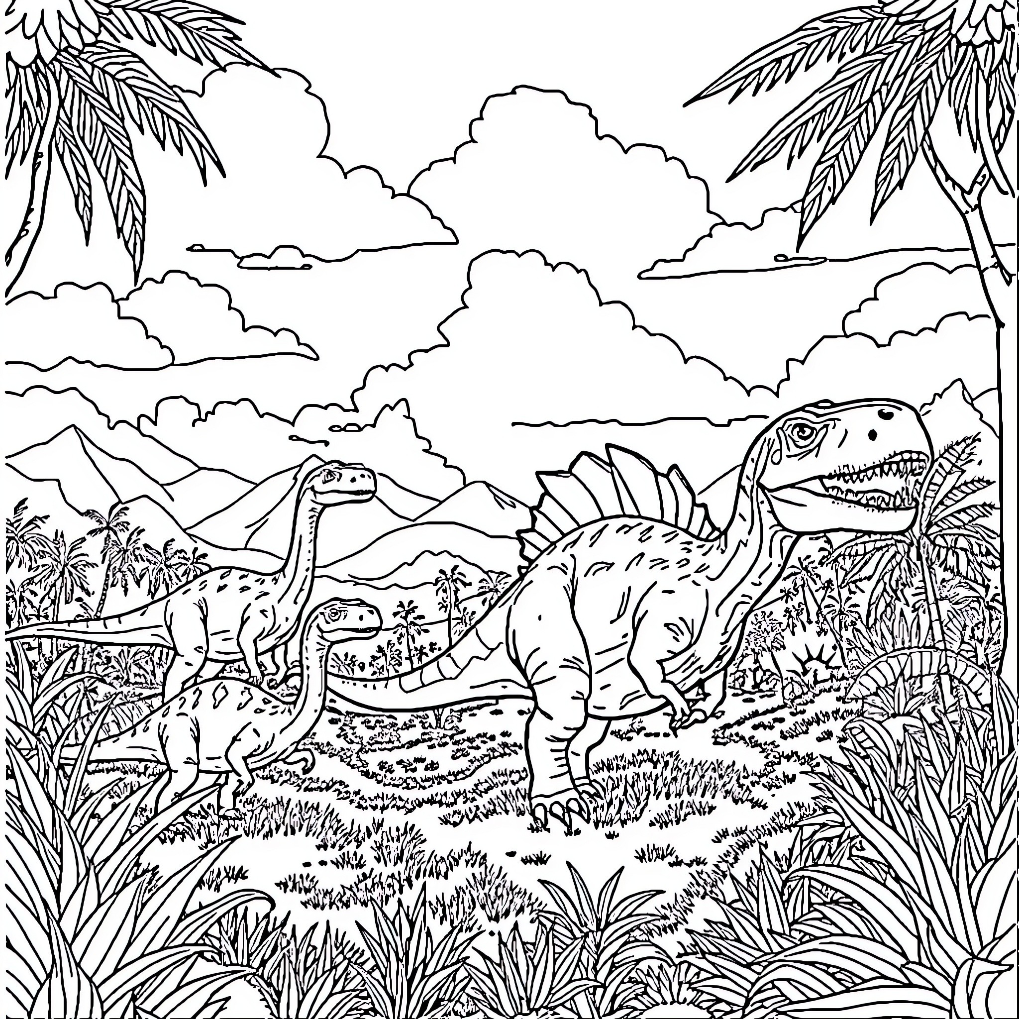 Dinosaur Family Roaming in Prehistoric Landscape Coloring Page (free black-and-white line drawing printable PDF for all, from beginners to advanced learners, including children, teens, adults, and seniors)