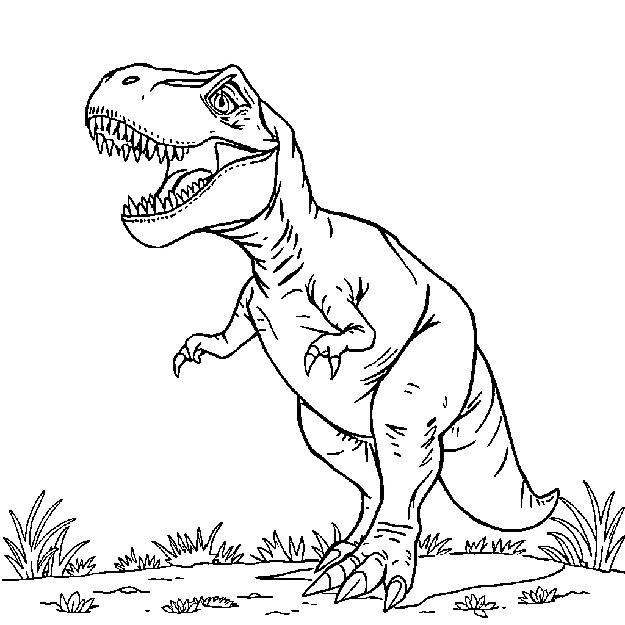 T-Rex Roaring Fiercely in the Wild Coloring Page (free black-and-white line drawing printable PDF for all, from beginners to advanced learners, including children, teens, adults, and seniors)