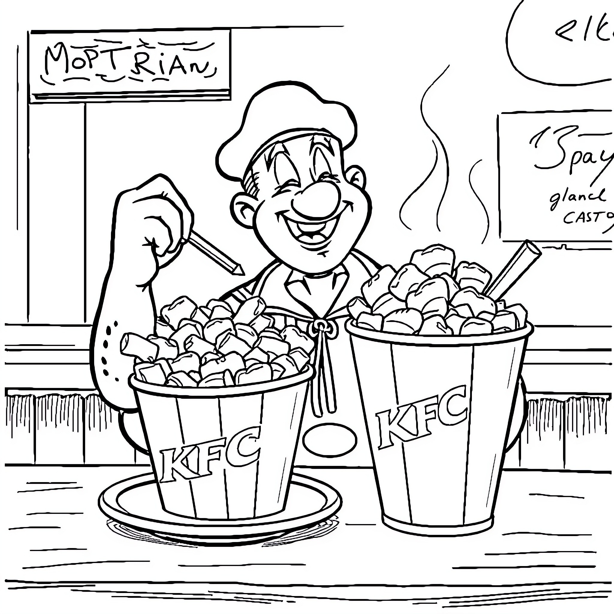 Popeye Serving Up KFC and Spaghetti Delight Coloring Page (free black-and-white line drawing printable PDF for all, from beginners to advanced learners, including children, teens, adults, and seniors)