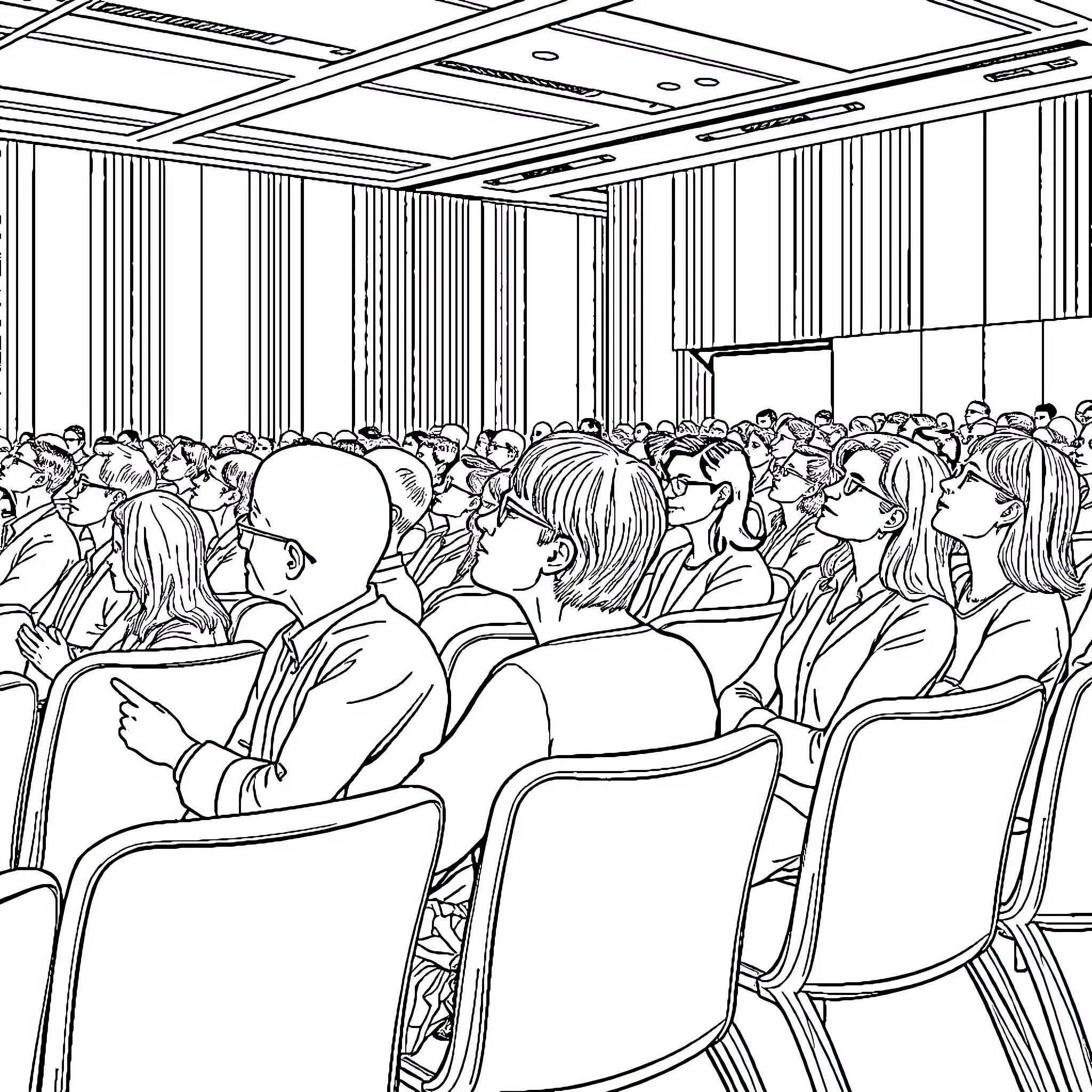 Lehrer addressing a large audience Coloring Page (free black-and-white line drawing printable PDF for all, from beginners to advanced learners, including children, teens, adults, and seniors)