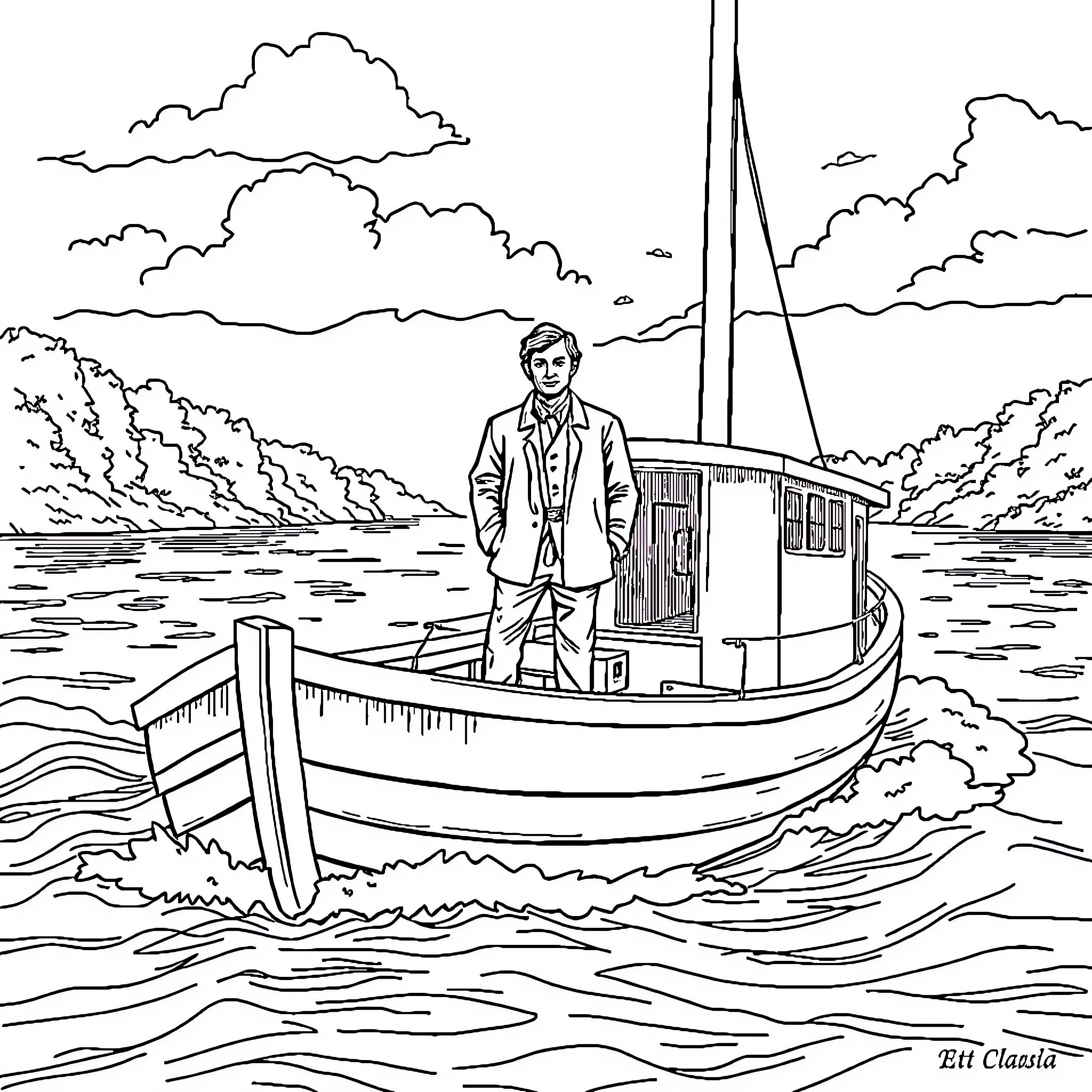 Ferry Boat Carrying Passenger on Calm Waters Coloring Page (free black-and-white line drawing printable PDF for all, from beginners to advanced learners, including children, teens, adults, and seniors)