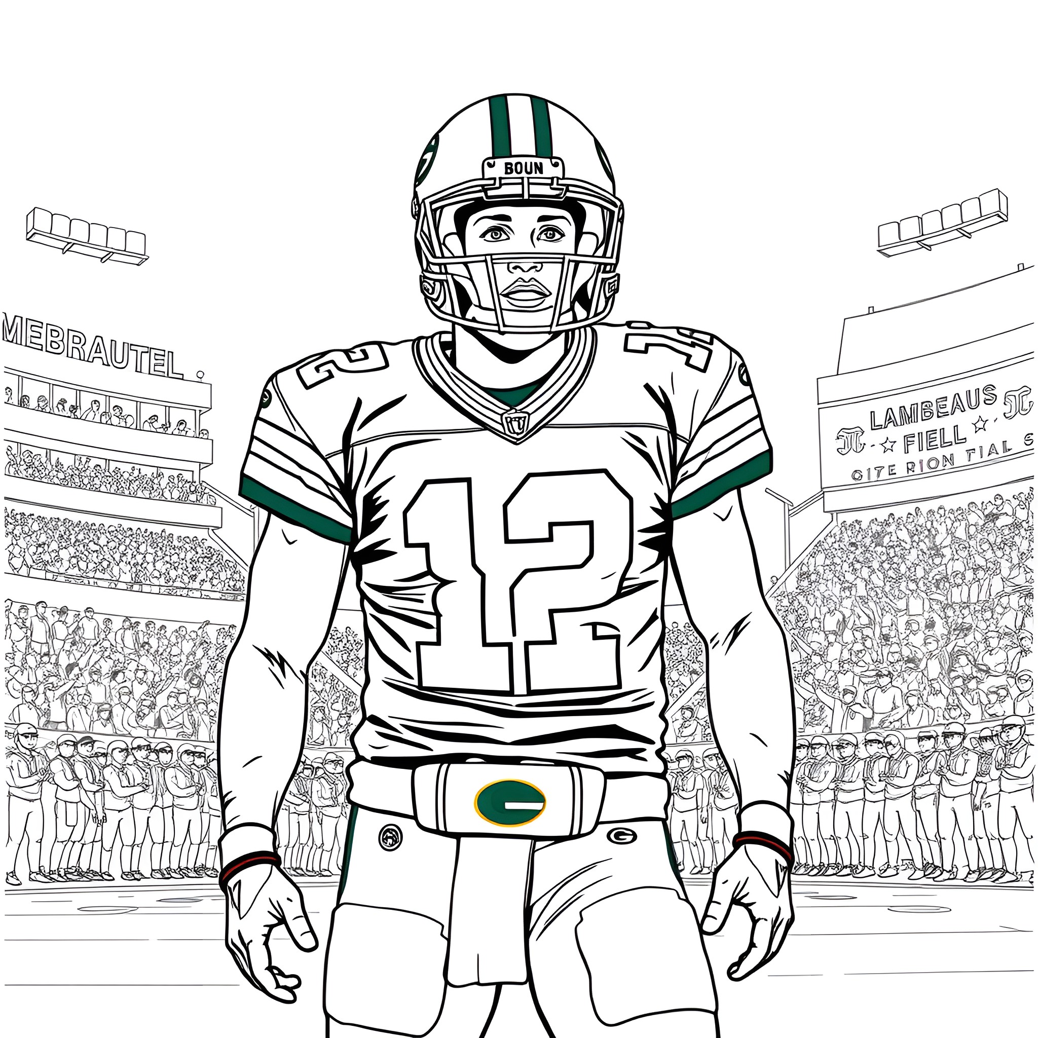 Jordan's Game Day Excitement on the Football Field Coloring Page (free black-and-white line drawing printable PDF for all, from beginners to advanced learners, including children, teens, adults, and seniors)