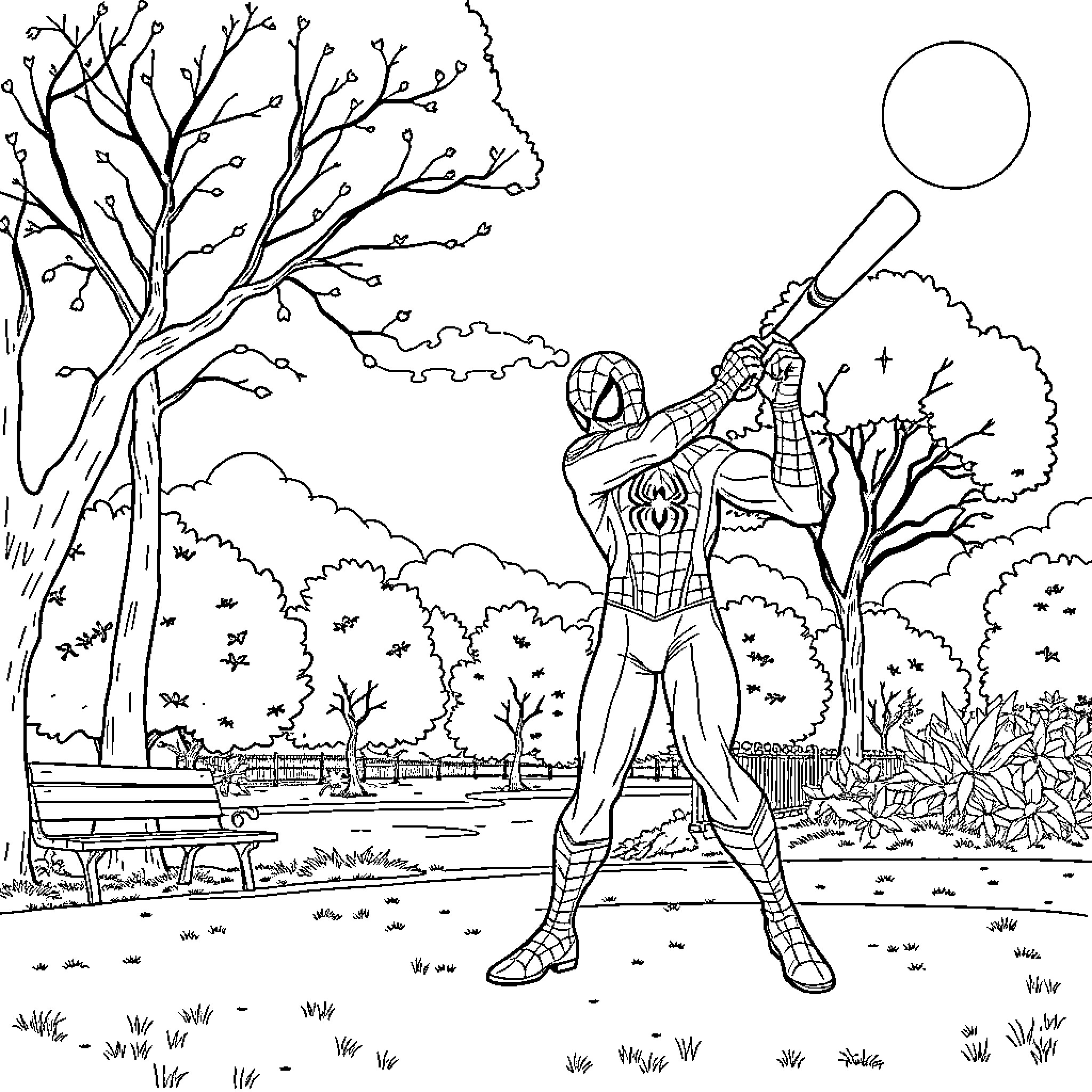 Spiderman in heroic pose amidst nature Coloring Page (free black-and-white line drawing printable PDF for all, from beginners to advanced learners, including children, teens, adults, and seniors)