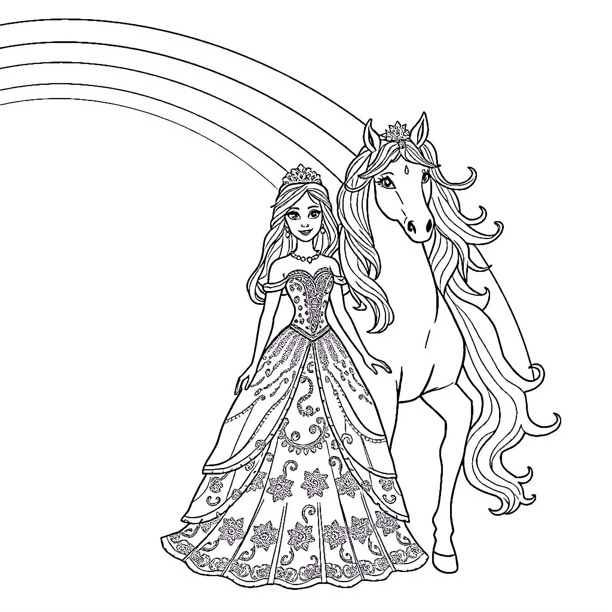 Princess in Elegant Gown with Enchanted Unicorn Coloring Page (free black-and-white line drawing printable PDF for all, from beginners to advanced learners, including children, teens, adults, and seniors)