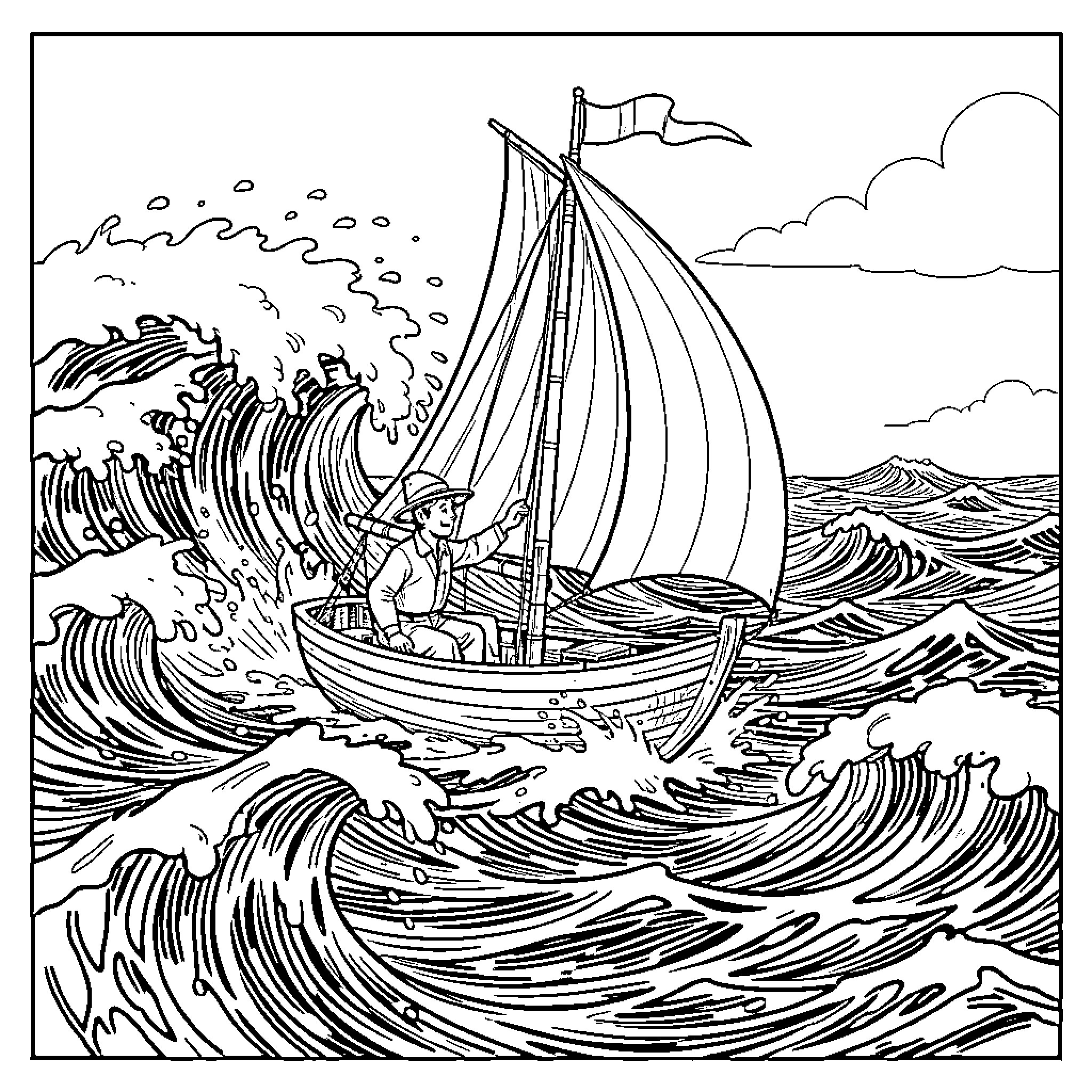 Corto Maltese navigating a small sailboat through rough waves Coloring Page (free black-and-white line drawing printable PDF for all, from beginners to advanced learners, including children, teens, adults, and seniors)
