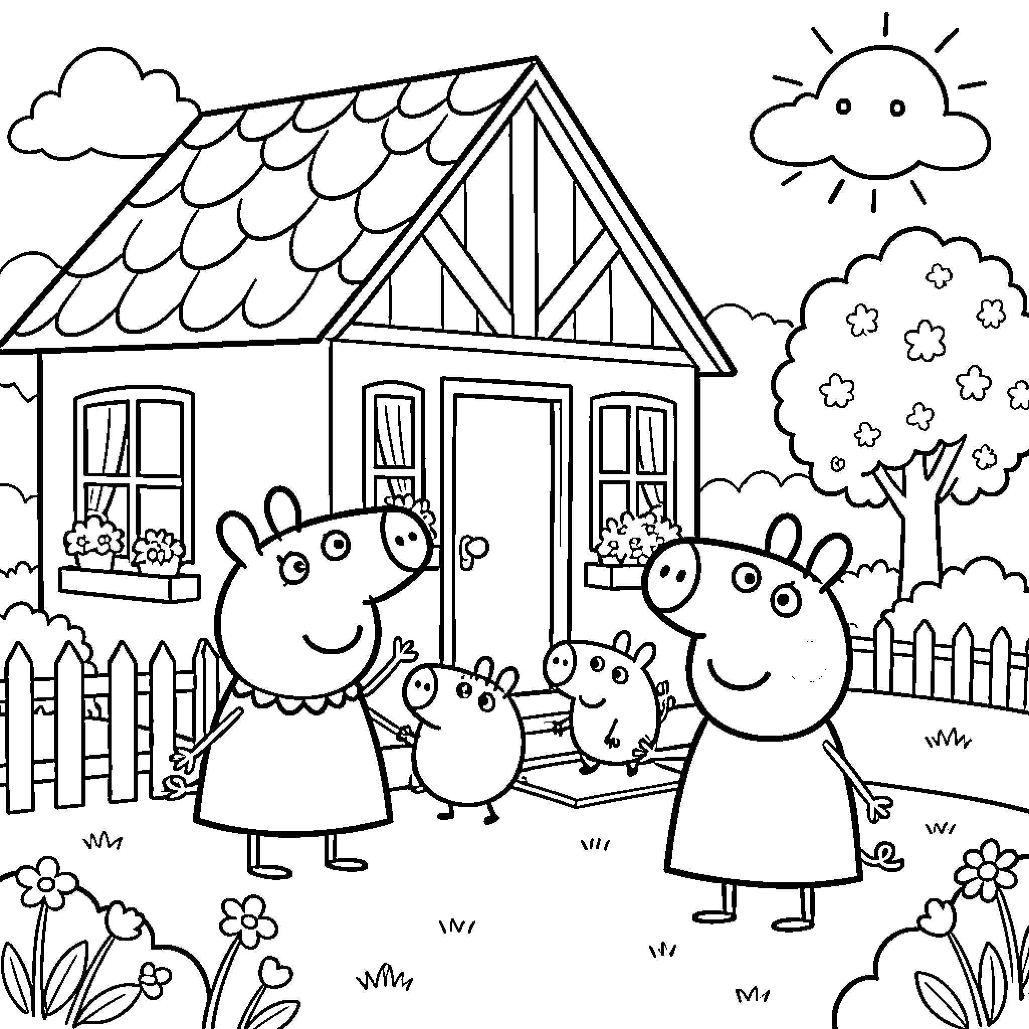 Peppa Pig family enjoying the outdoors Coloring Page (free black-and-white line drawing printable PDF for all, from beginners to advanced learners, including children, teens, adults, and seniors)