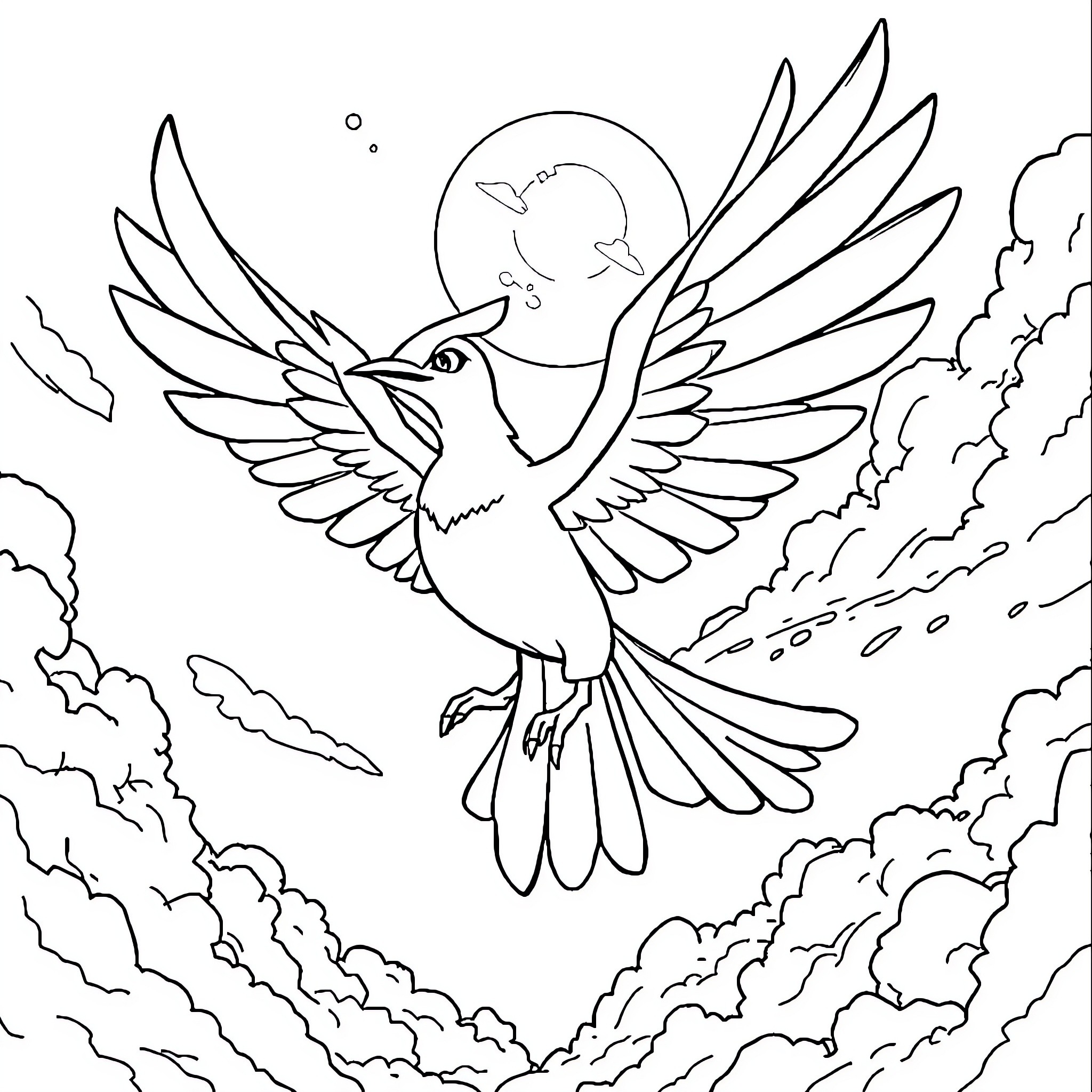 Articuno soaring majestically through the clouds Coloring Page (free black-and-white line drawing printable PDF for all, from beginners to advanced learners, including children, teens, adults, and seniors)