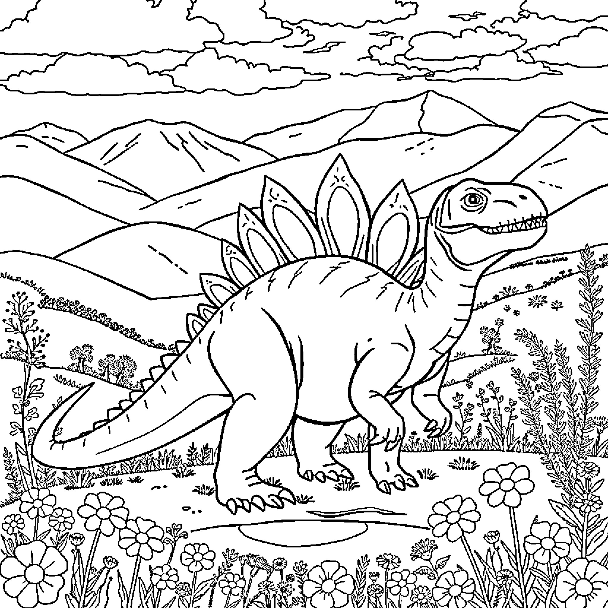 Stegosaurus exploring a prehistoric landscape Coloring Page (free black-and-white line drawing printable PDF for all, from beginners to advanced learners, including children, teens, adults, and seniors)