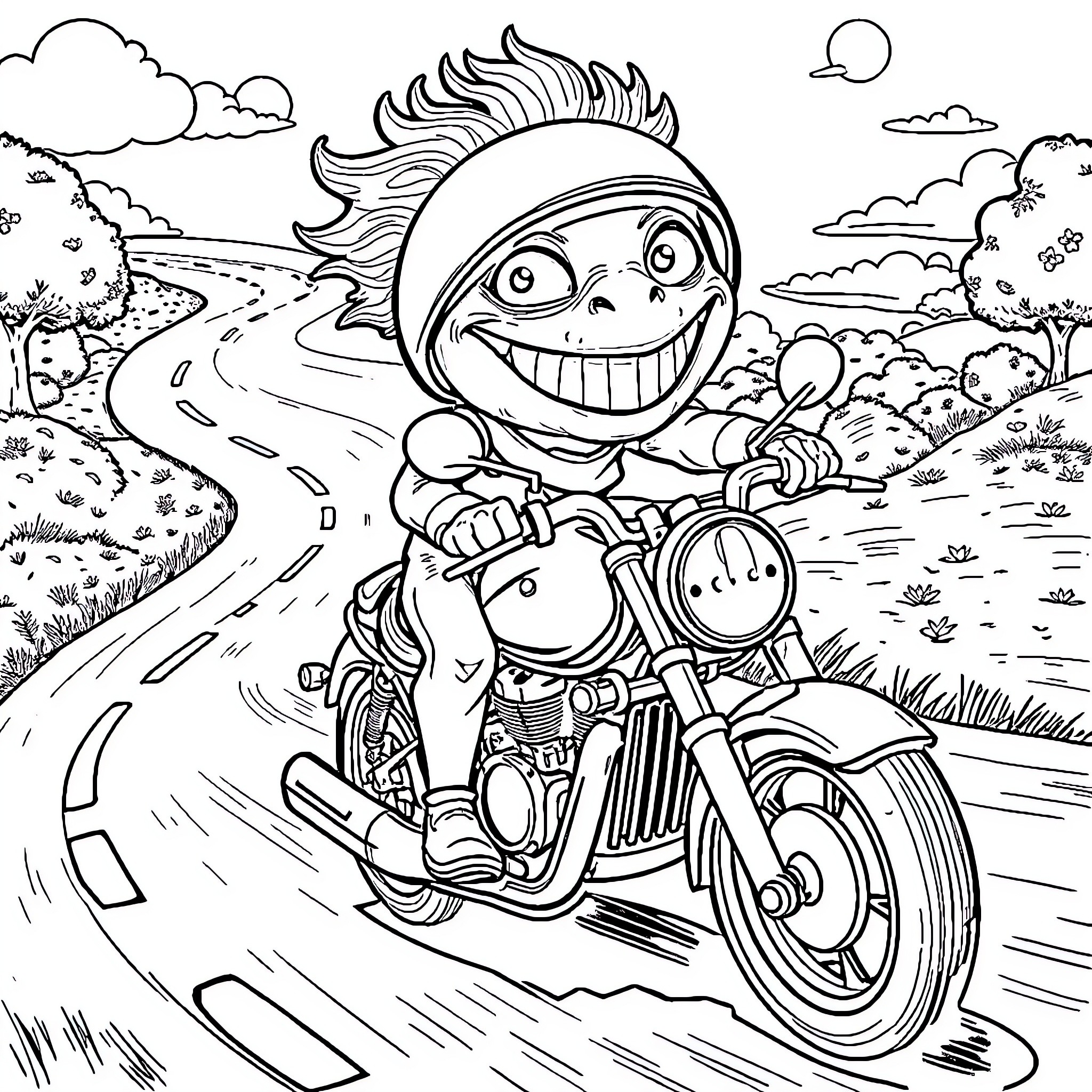 Boognish riding a motorcycle on the open road Coloring Page (free black-and-white line drawing printable PDF for all, from beginners to advanced learners, including children, teens, adults, and seniors)