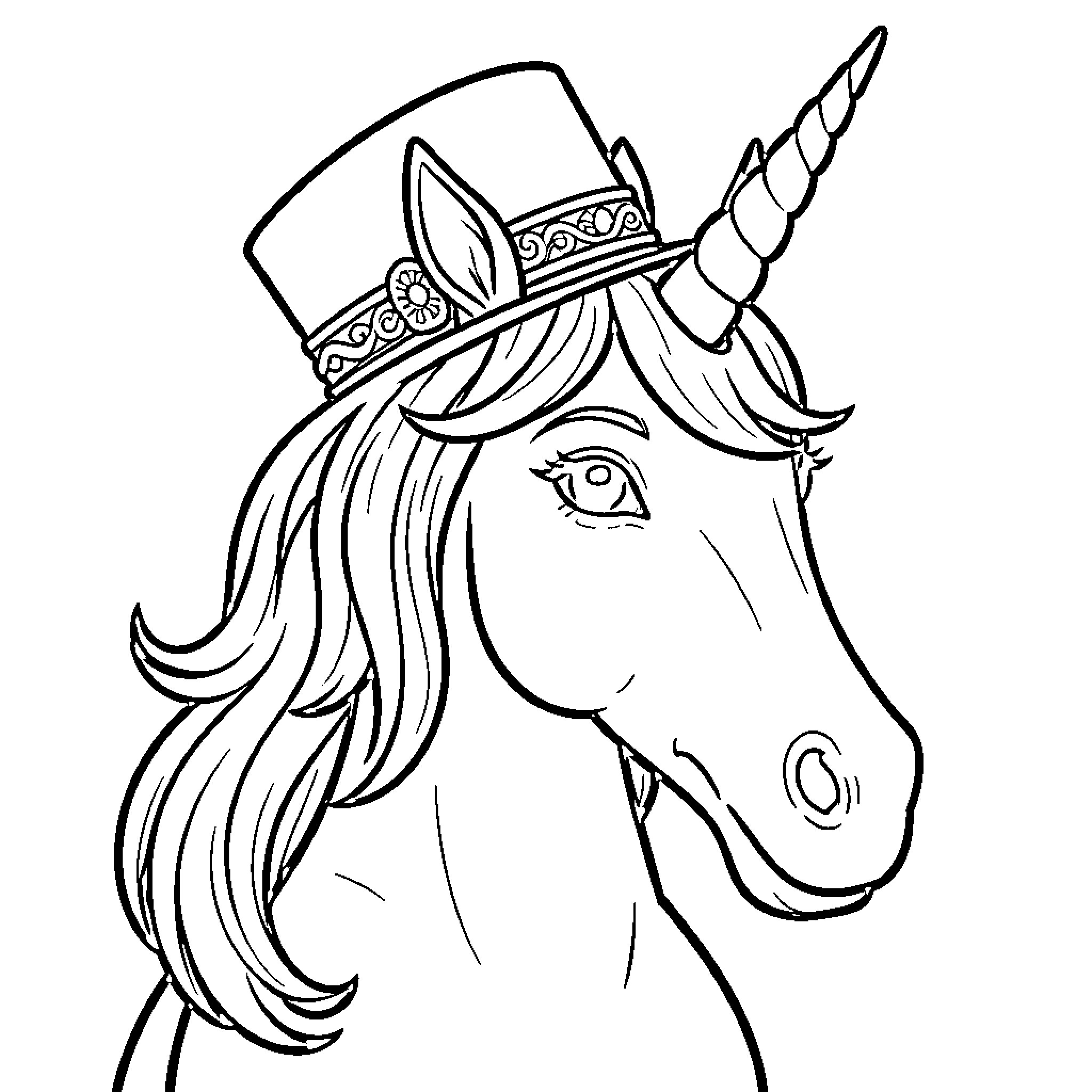 Unicorn wearing a decorative top hat and looking sideways Coloring Page (free black-and-white line drawing printable PDF for all, from beginners to advanced learners, including children, teens, adults, and seniors)