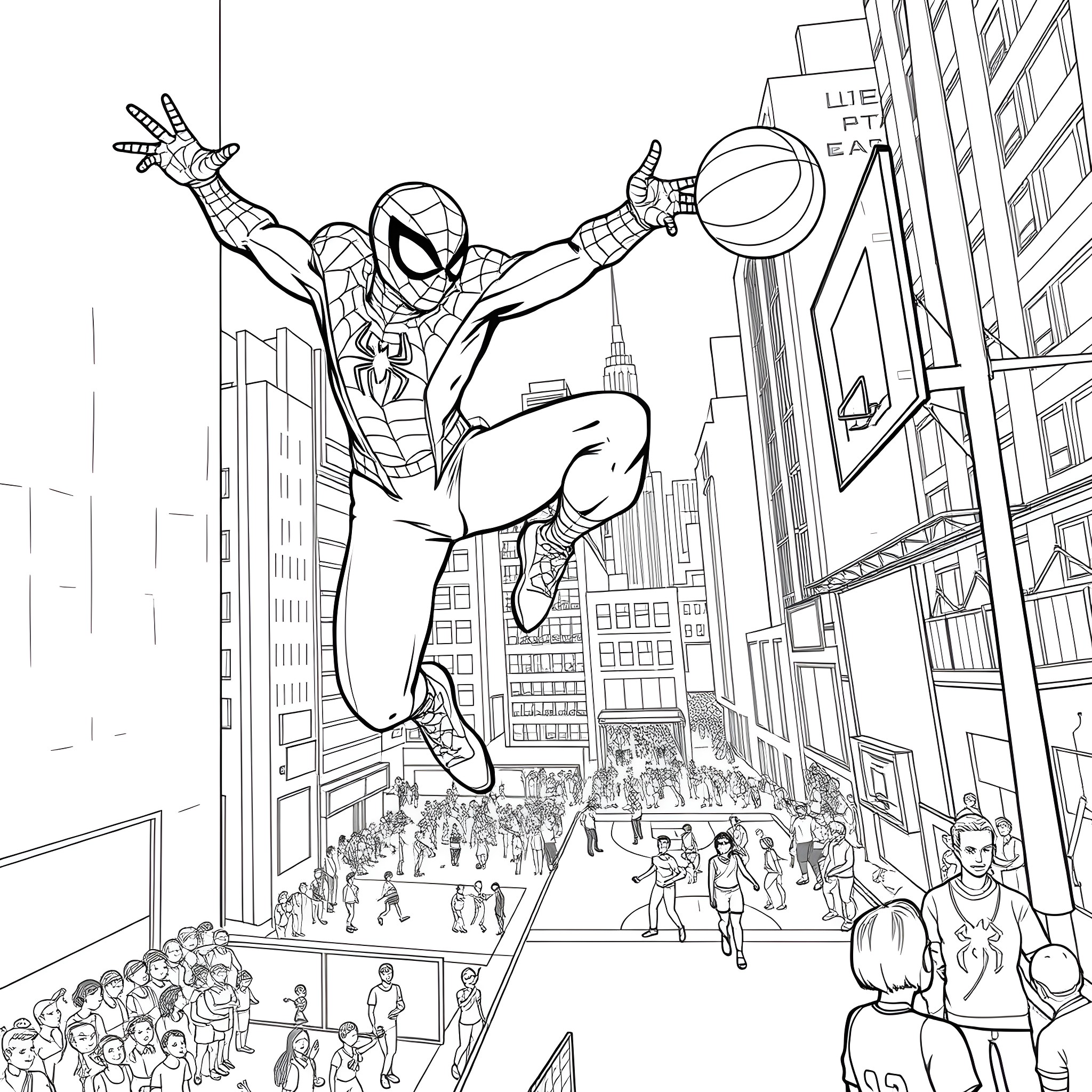 Spiderman swinging through the city and fighting crime Coloring Page (free black-and-white line drawing printable PDF for all, from beginners to advanced learners, including children, teens, adults, and seniors)