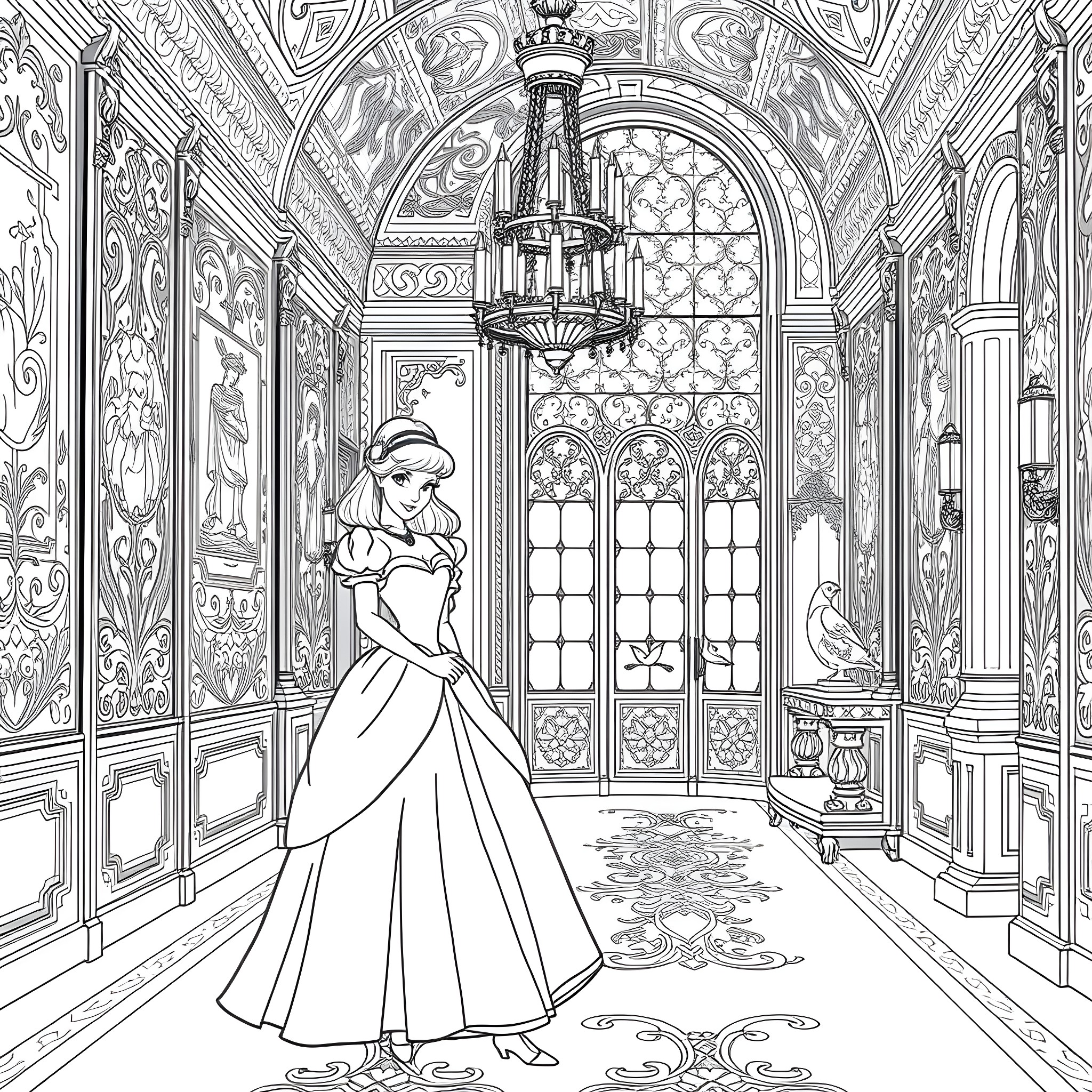 Cinderella's Enchanting Ballroom Transformation Coloring Page (free black-and-white line drawing printable PDF for all, from beginners to advanced learners, including children, teens, adults, and seniors)