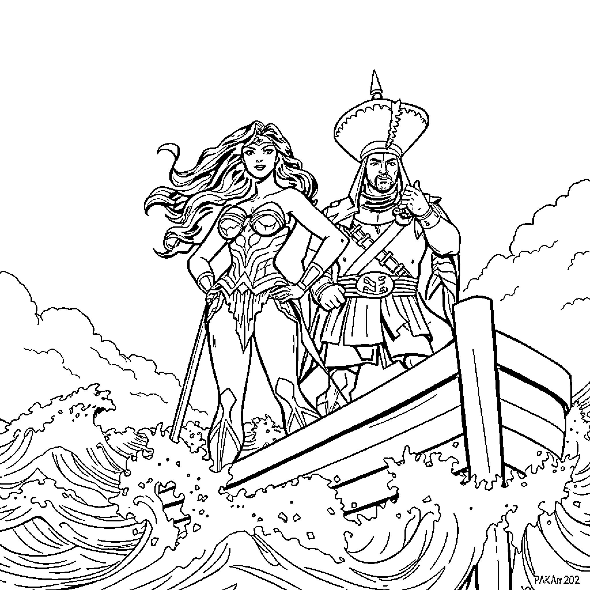 Wonder Woman and Spartan Warrior in Heroic Pose Coloring Page (free black-and-white line drawing printable PDF for all, from beginners to advanced learners, including children, teens, adults, and seniors)