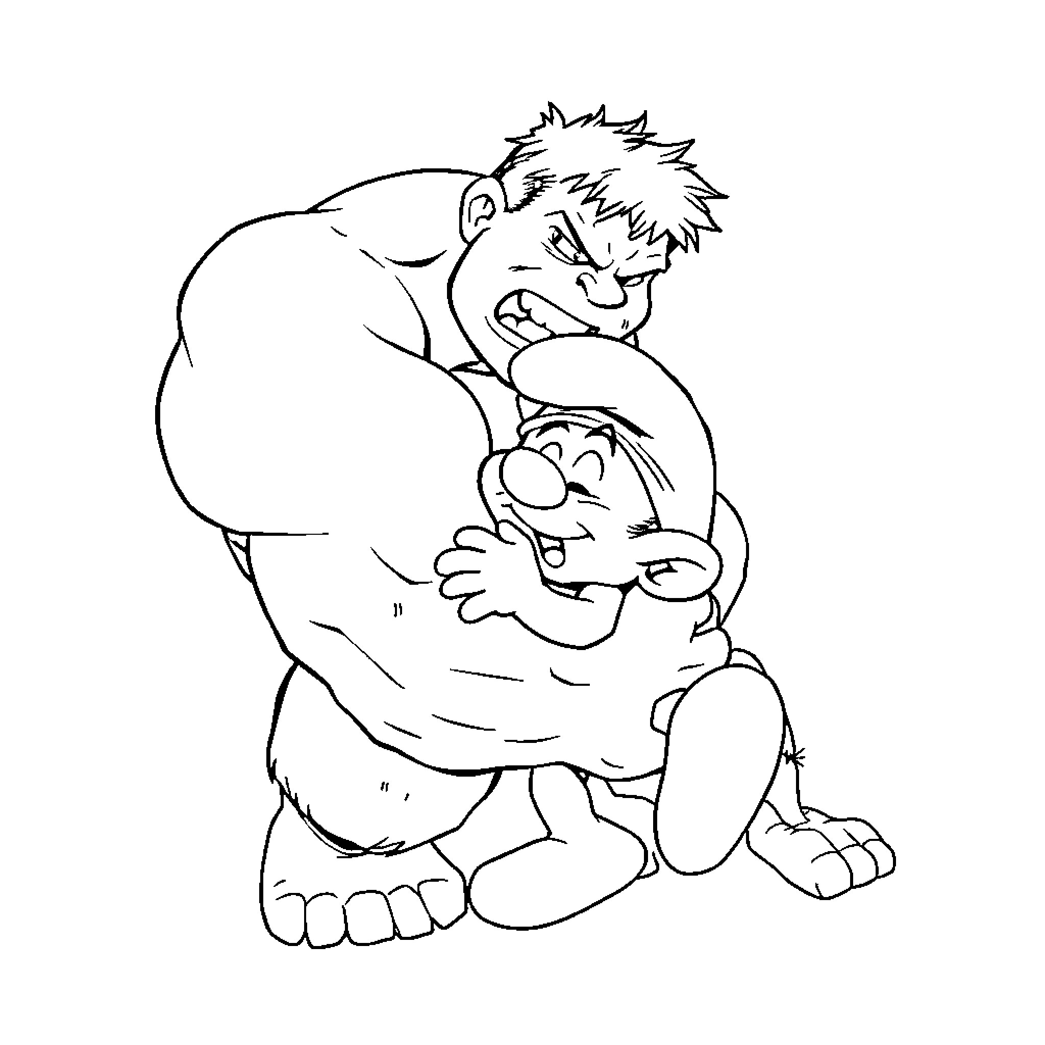 Hulk character throwing another smaller figure Coloring Page (free black-and-white line drawing printable PDF for all, from beginners to advanced learners, including children, teens, adults, and seniors)