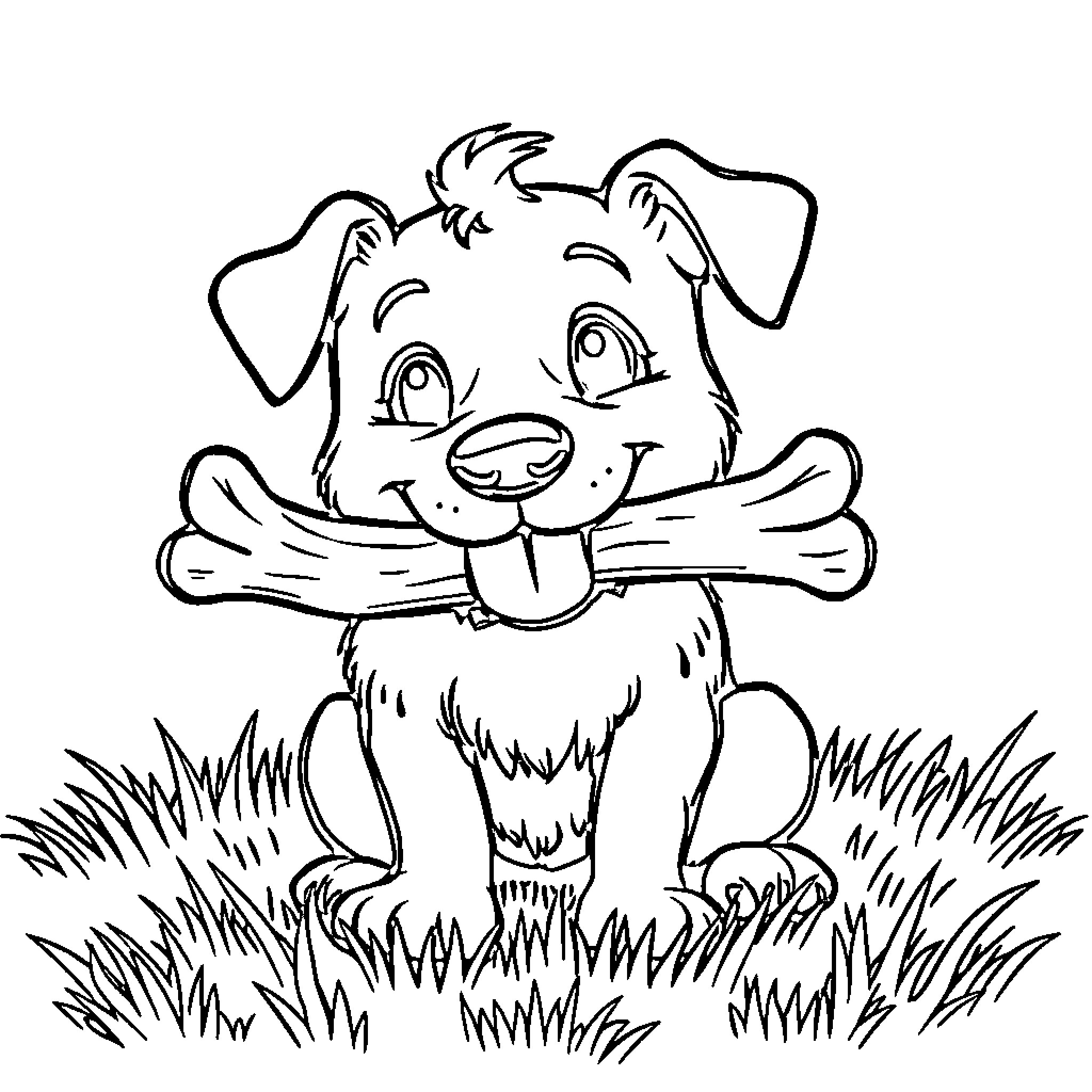 Dog happily chewing on a big bone in the grass Coloring Page (free black-and-white line drawing printable PDF for all, from beginners to advanced learners, including children, teens, adults, and seniors)