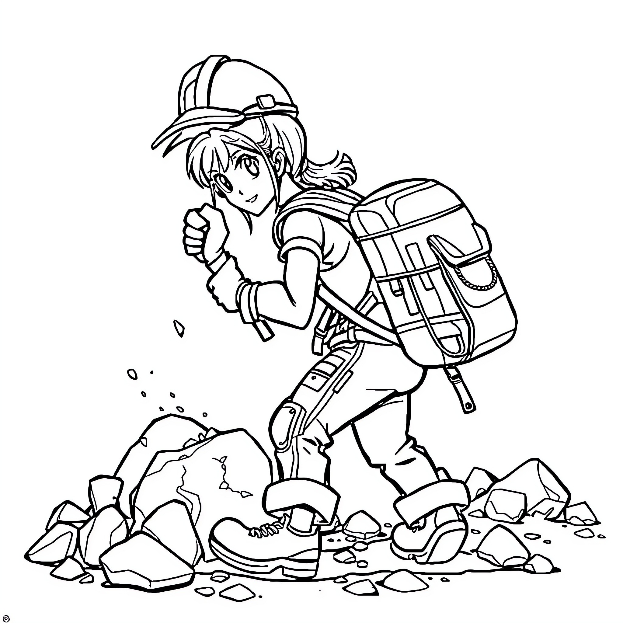 Rubble Exploration with Backpack and Determination Coloring Page (free black-and-white line drawing printable PDF for all, from beginners to advanced learners, including children, teens, adults, and seniors)