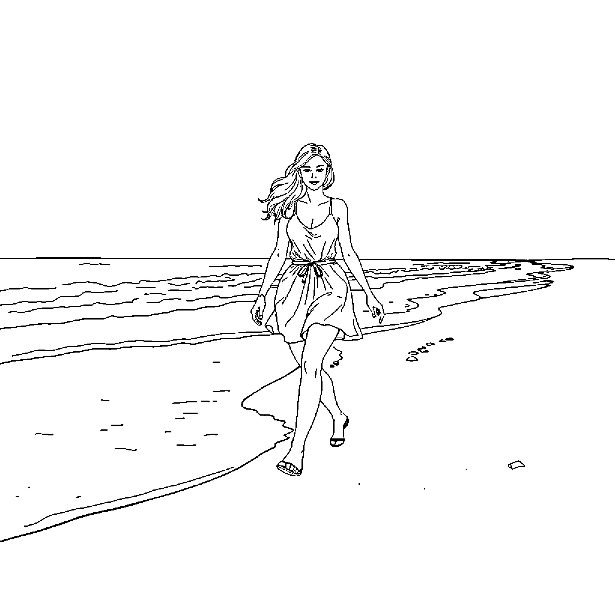 Andrea Arismendi Miraballes enjoying a beach stroll Coloring Page (free black-and-white line drawing printable PDF for all, from beginners to advanced learners, including children, teens, adults, and seniors)