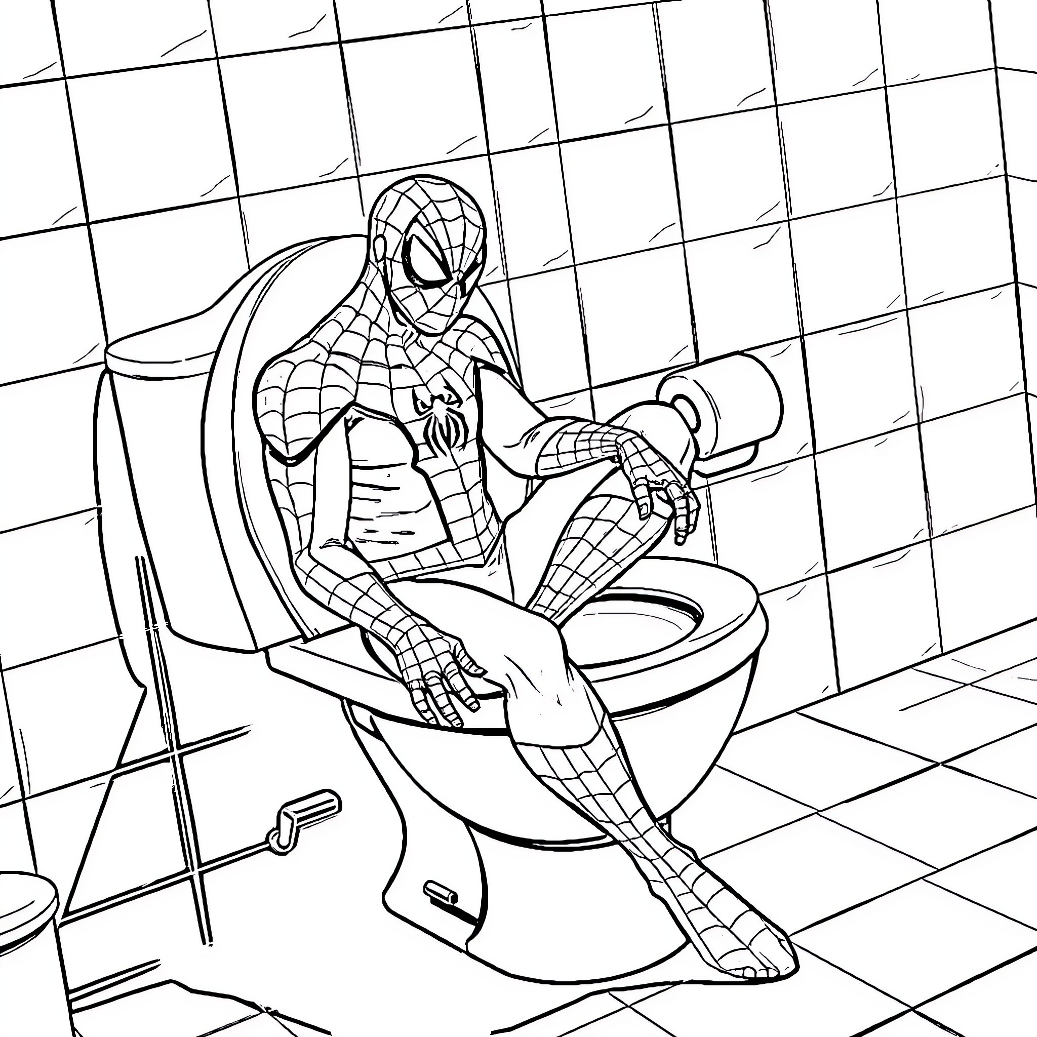Spiderman takes a break in the bathroom Coloring Page (free black-and-white line drawing printable PDF for all, from beginners to advanced learners, including children, teens, adults, and seniors)