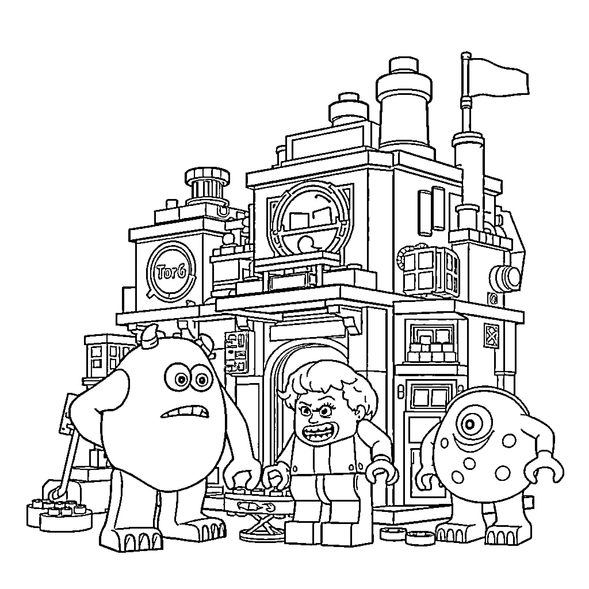 Monster characters exploring a mechanical factory Coloring Page (free black-and-white line drawing printable PDF for all, from beginners to advanced learners, including children, teens, adults, and seniors)