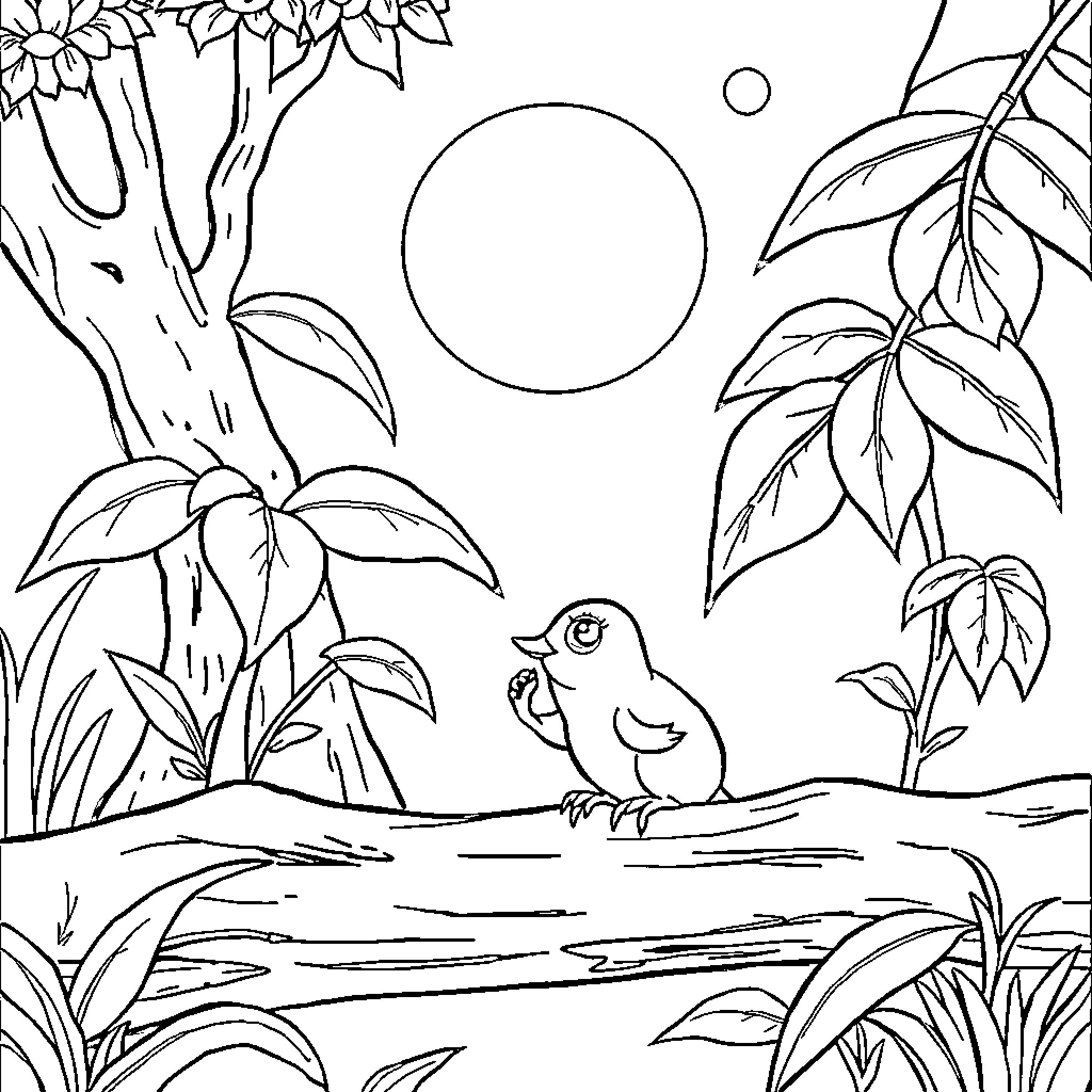 Bunny in a peaceful forest scene Coloring Page (free black-and-white line drawing printable PDF for all, from beginners to advanced learners, including children, teens, adults, and seniors)