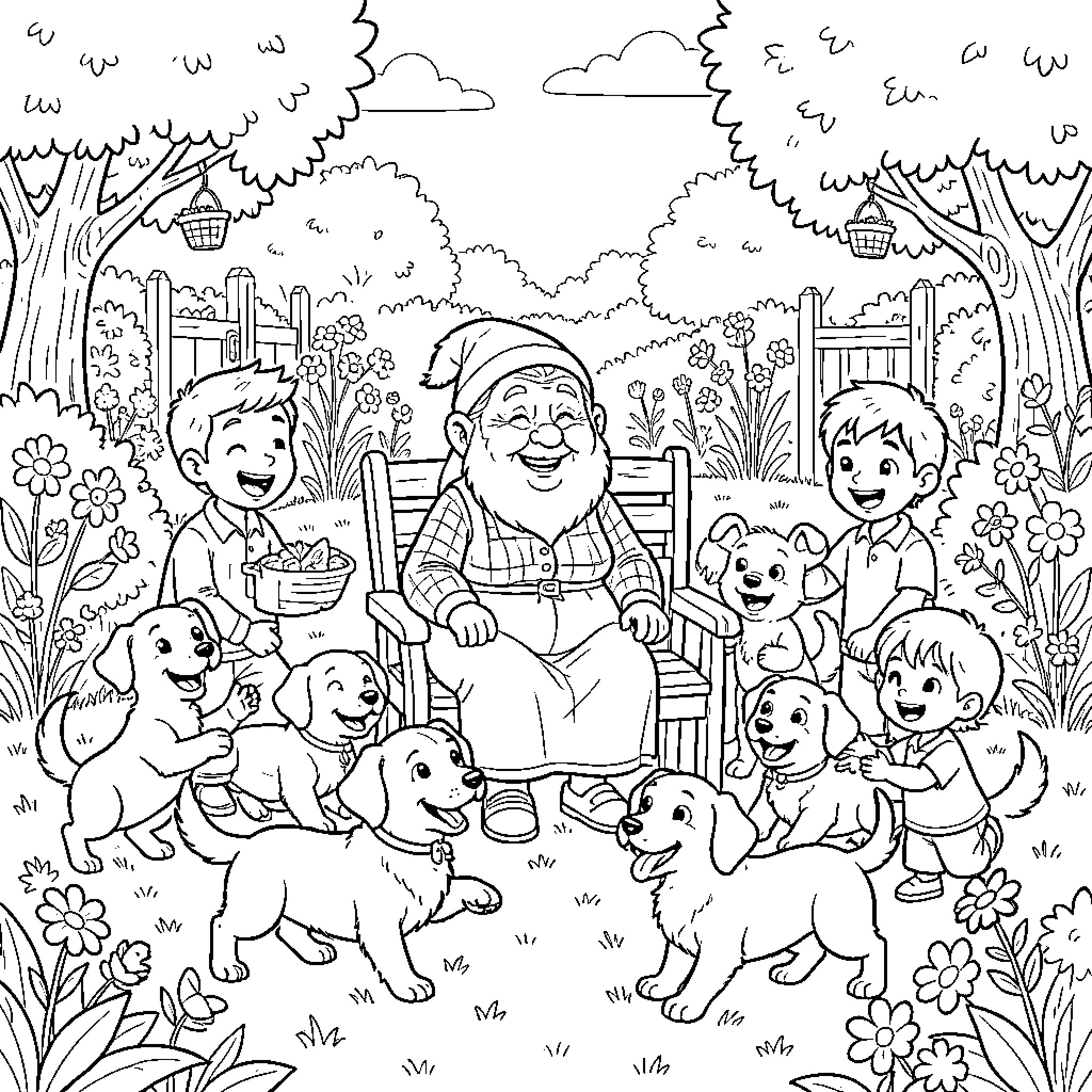 Gnome sitting on a bench surrounded by children and puppies Coloring Page (free black-and-white line drawing printable PDF for all, from beginners to advanced learners, including children, teens, adults, and seniors)
