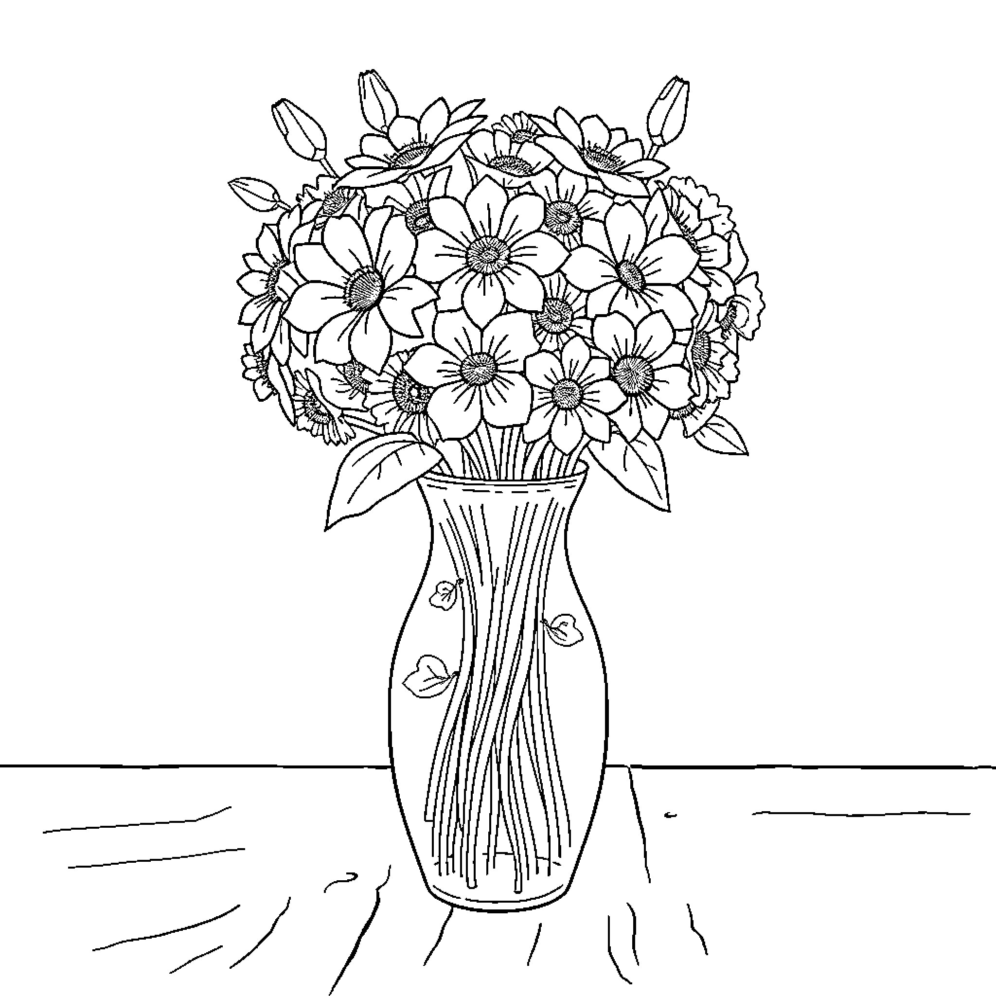 Vase filled with vibrant flowers Coloring Page (free black-and-white line drawing printable PDF for all, from beginners to advanced learners, including children, teens, adults, and seniors)