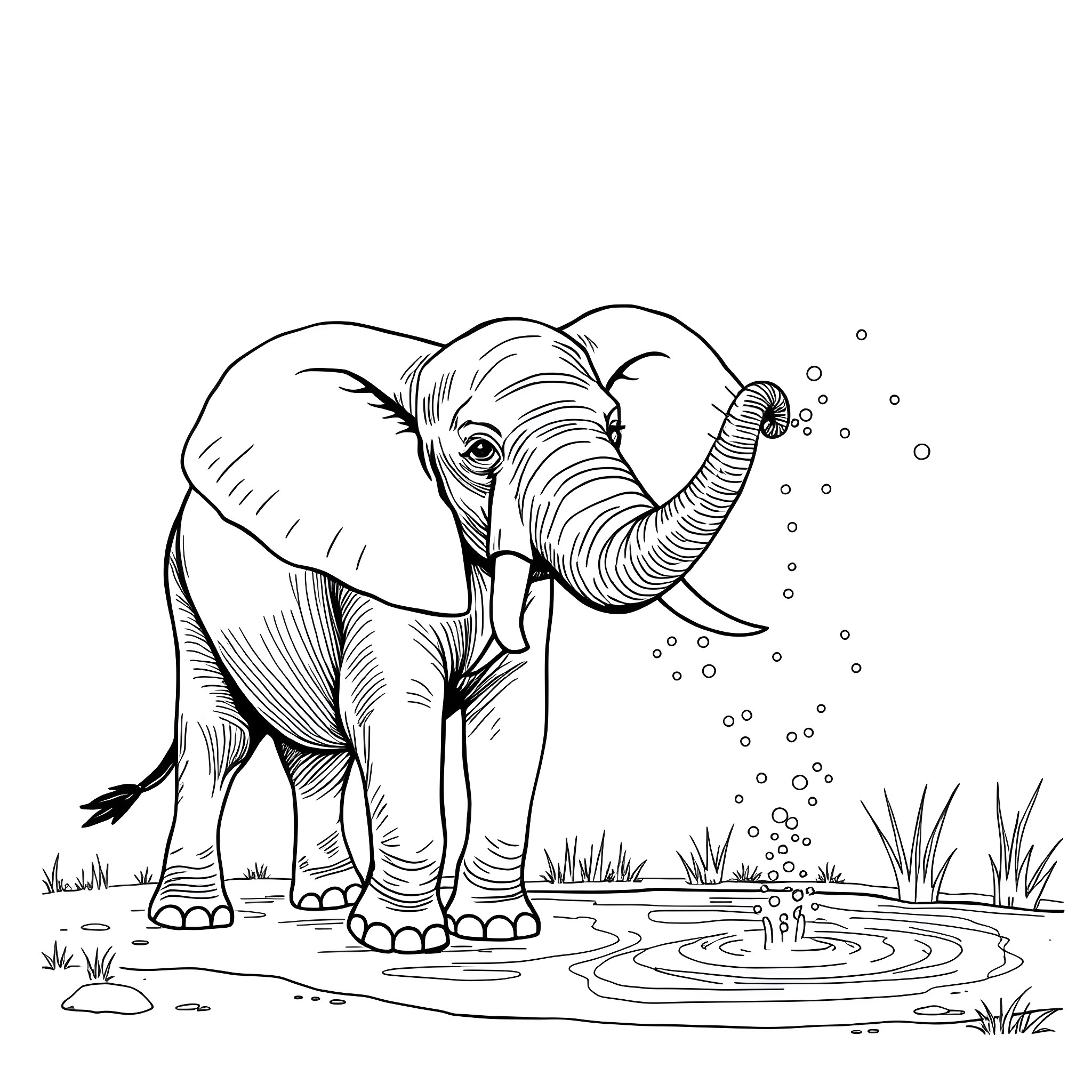 Elephant splashing in water Coloring Page (free black-and-white line drawing printable PDF for all, from beginners to advanced learners, including children, teens, adults, and seniors)