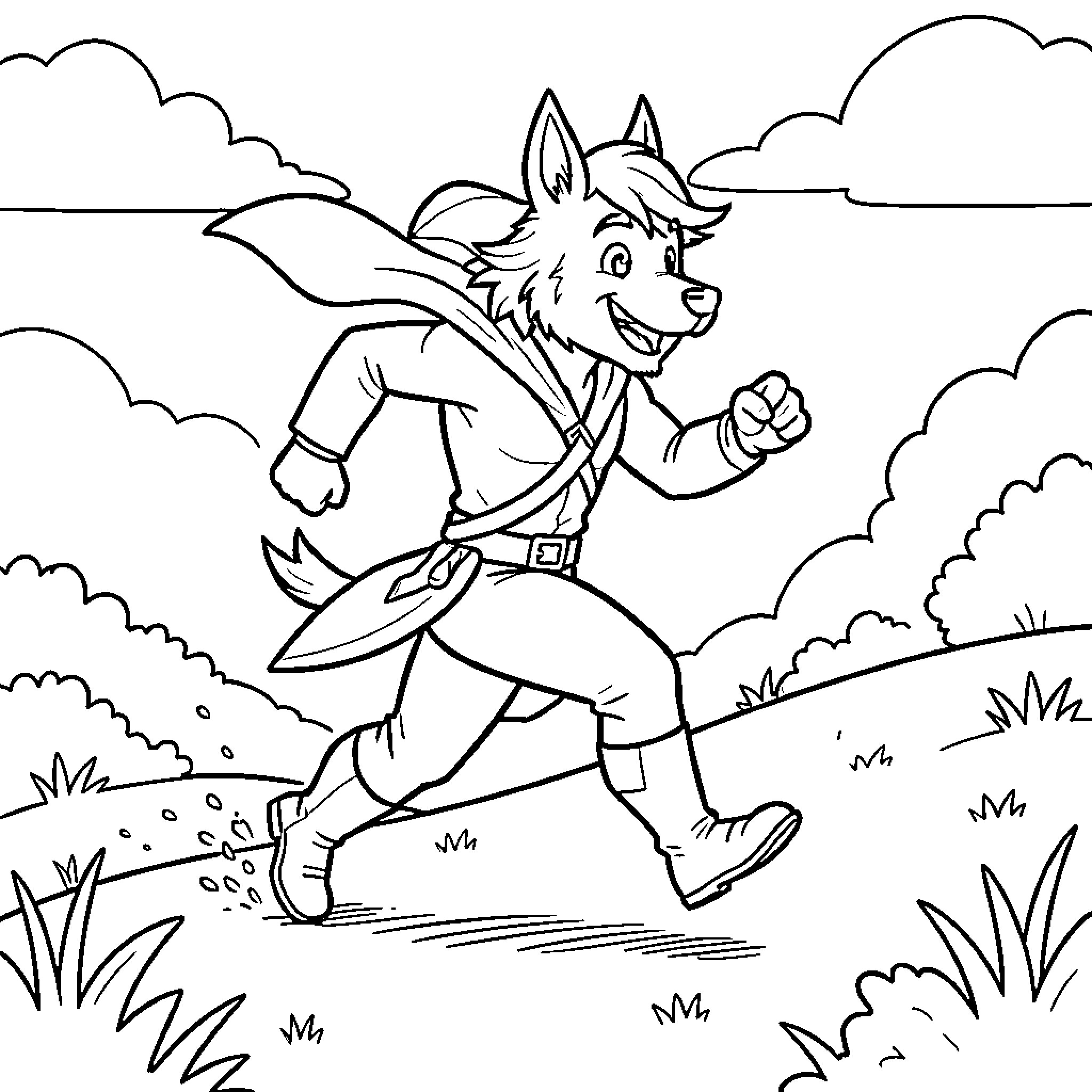 Zorro the adventurous wolf running through the wilderness Coloring Page (free black-and-white line drawing printable PDF for all, from beginners to advanced learners, including children, teens, adults, and seniors)