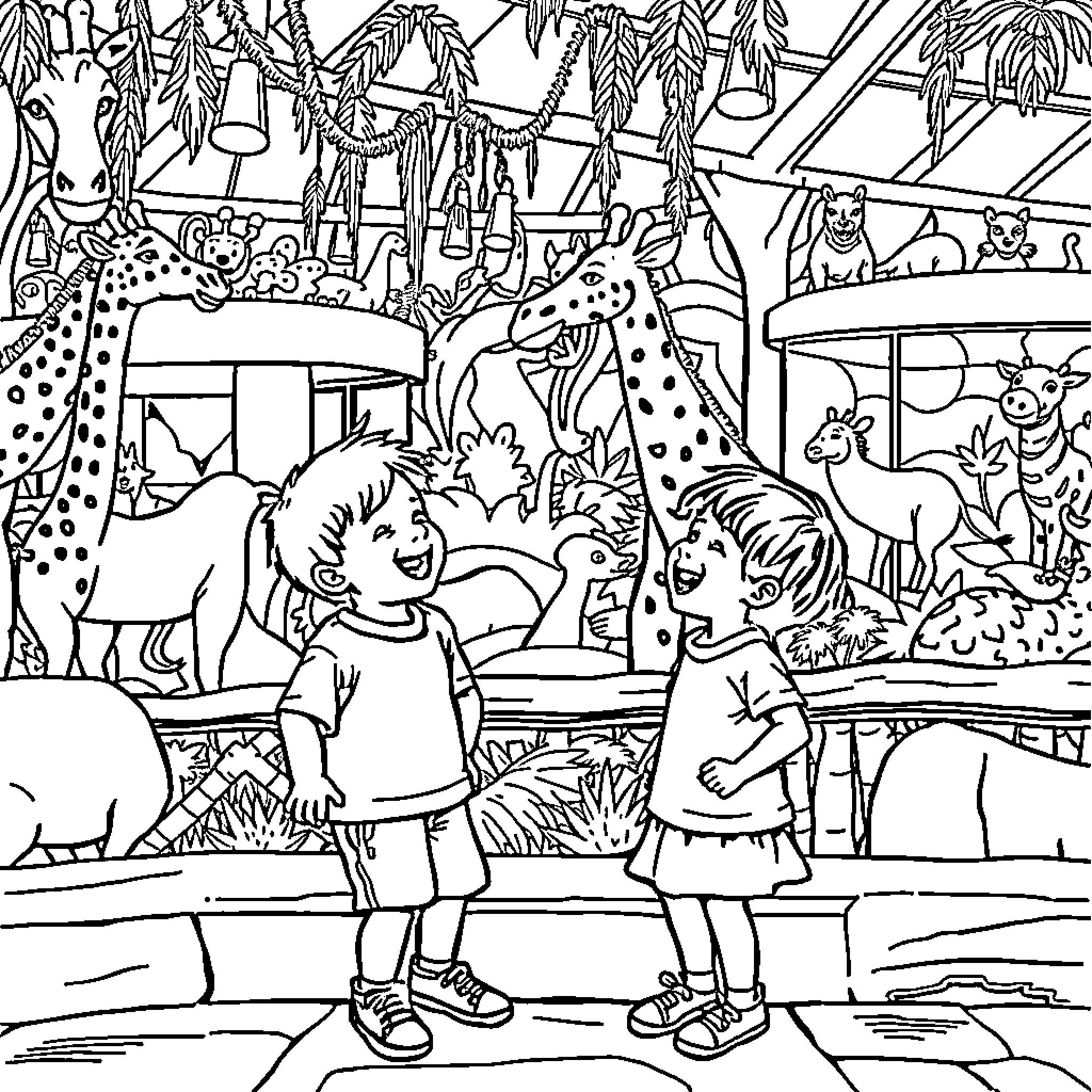 Child Exploring Lively Zoo with Peers Coloring Page (free black-and-white line drawing printable PDF for all, from beginners to advanced learners, including children, teens, adults, and seniors)